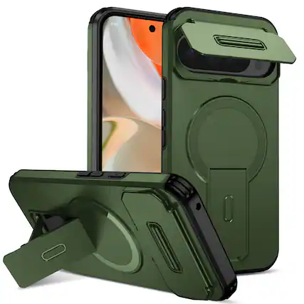 Front. UUCOVER - Magnetic Case for Google Pixel 10 /10 Pro Shockproof TPU+PC Case Compatible with MagSafe Stand Sliding Camera Cover - Green.