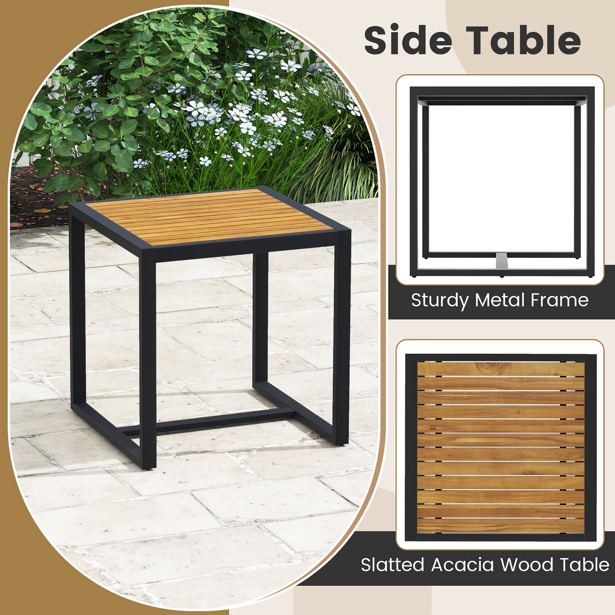 Side Table
Sturdy Metal Frame
Slatted Acacia Wood Table