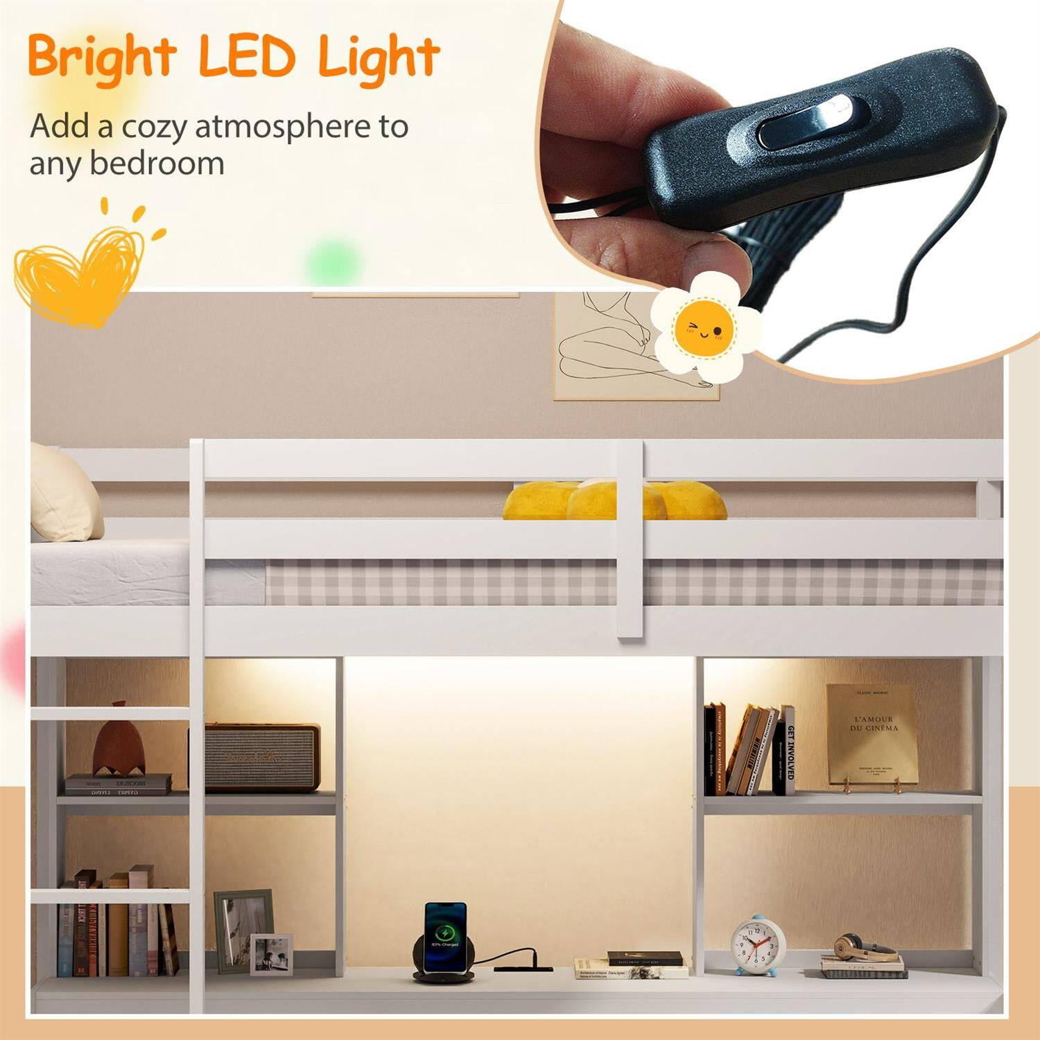 Bright LED Light  
Add a cozy atmosphere to any bedroom