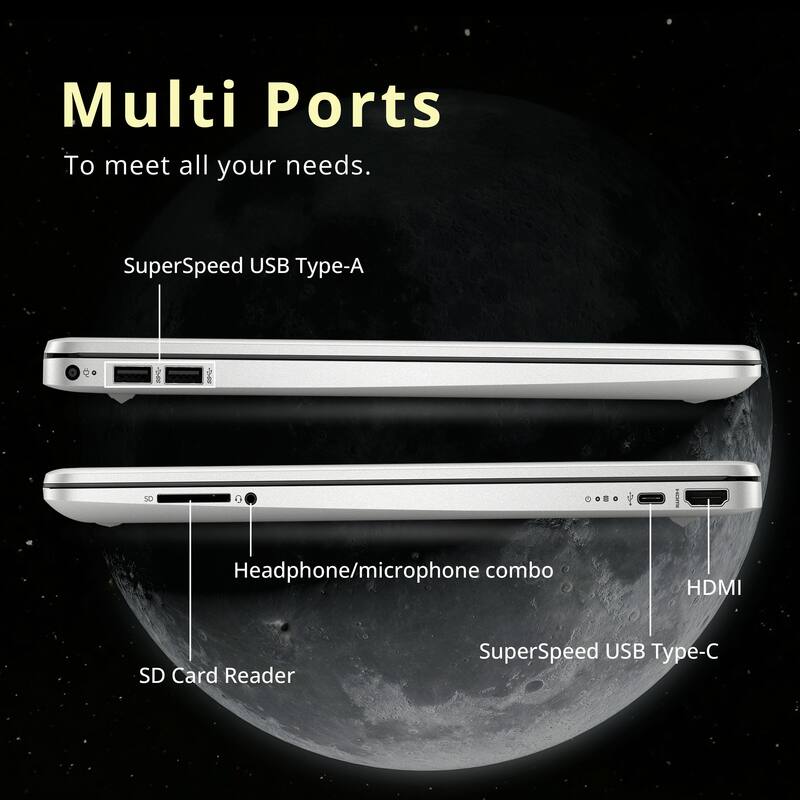 Multi Ports  
To meet all your needs.  

SuperSpeed USB Type-A  
Headphone/microphone combo  
HDMI  
SD Card Reader  
SuperSpeed USB Type-C