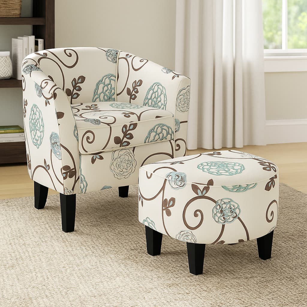 BreeBe - Contemporary Fabric Upholstered Lounge Chair with Matching Ottoman Set - Beige