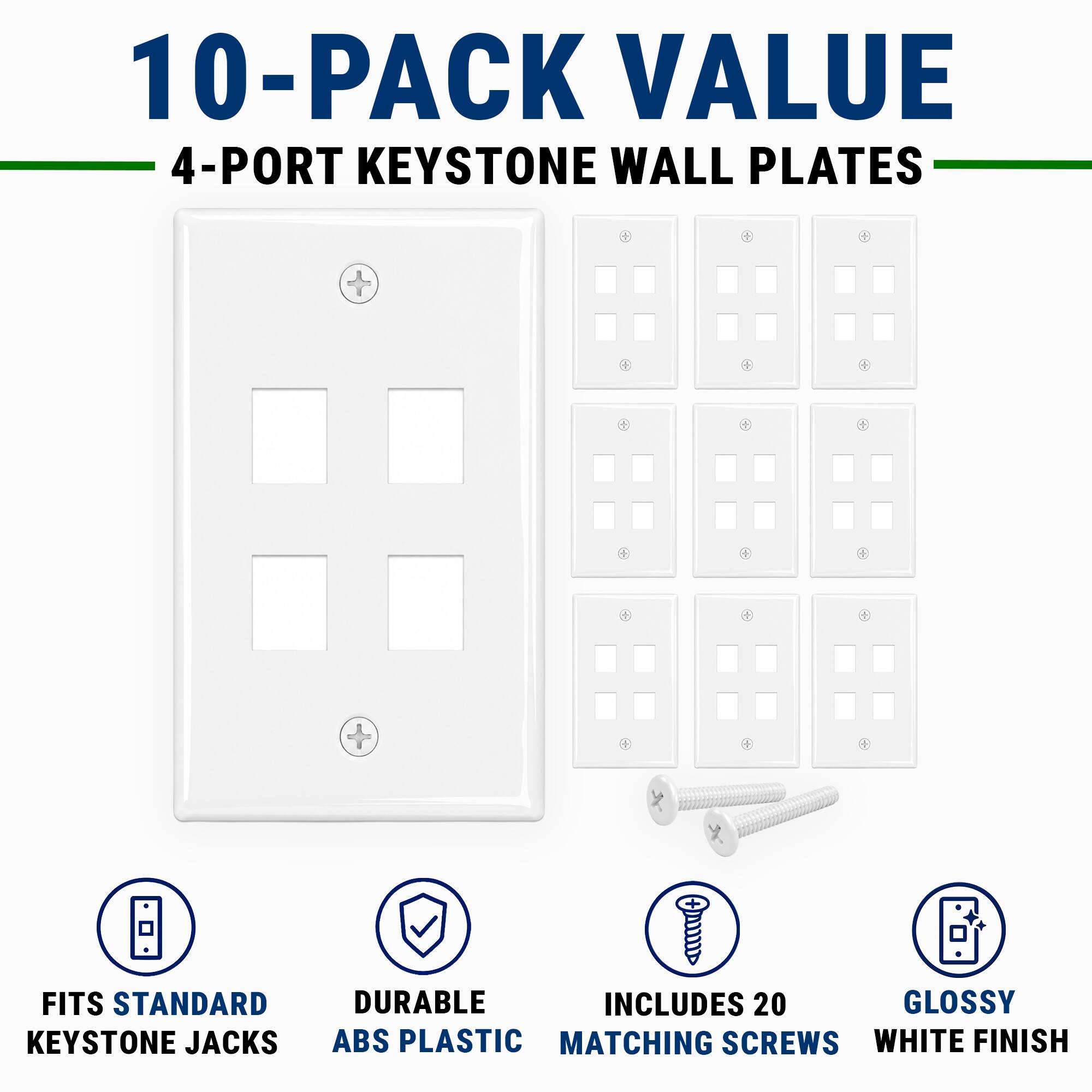 10-Pack Value 4-Port Keystone Wall Plates Fits Standard Keystone Jacks Durable Includes 20 Glossy ABS Plastic Matching Screws White Finish