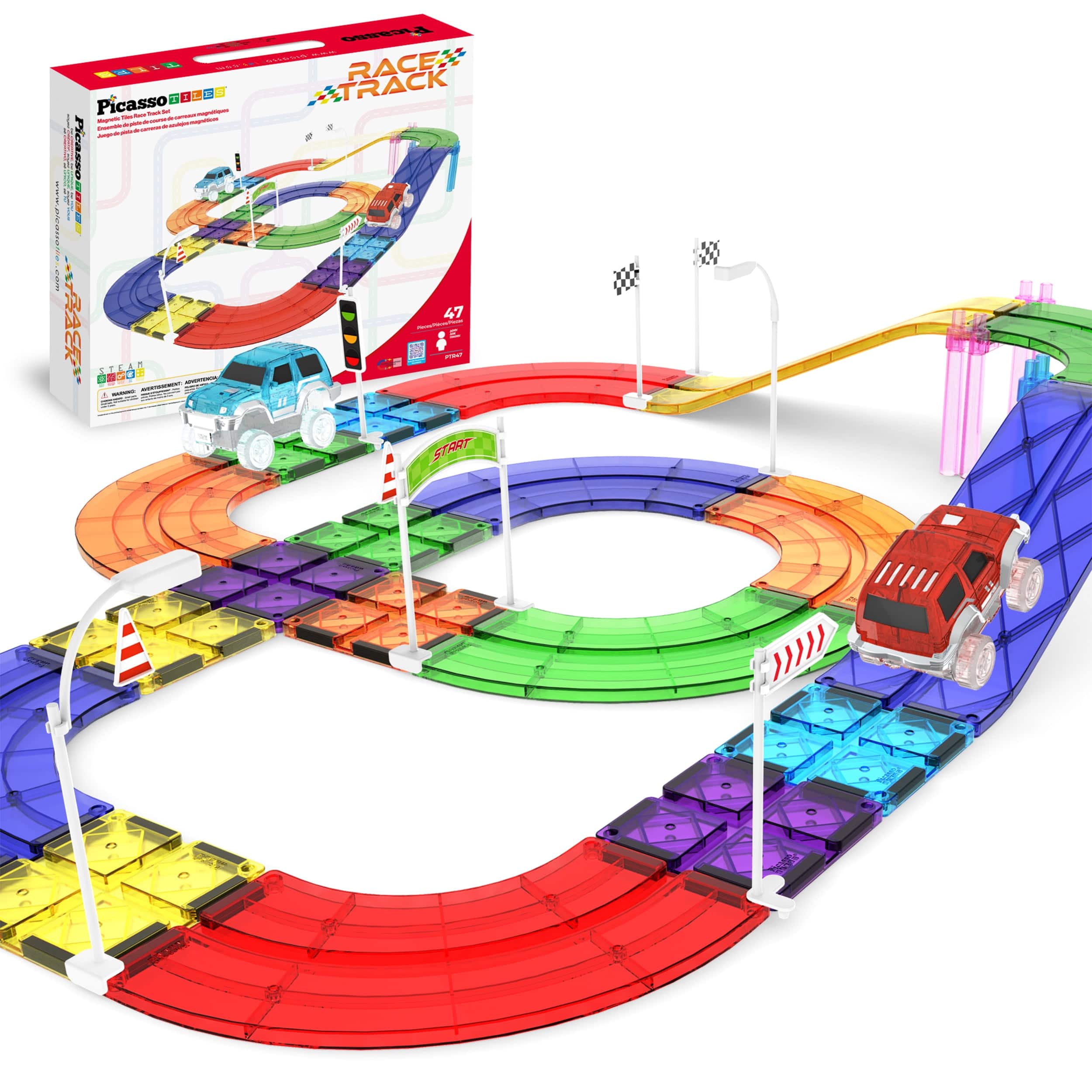 PicassoTiles - 47pcs Magnetic Tiles Race Track Playset with Cars & Traffic Accessories,  STEM Construction Toy for Kids