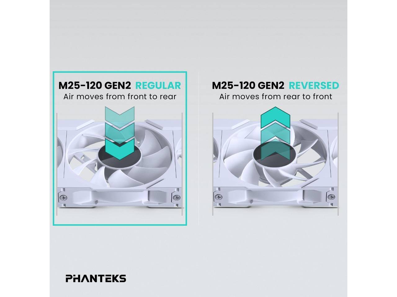 M25-120 GEN2 REGULAR  
Air moves from front to rear  

M25-120 GEN2 REVERSED  
Air moves from rear to front  

PHANTEKS