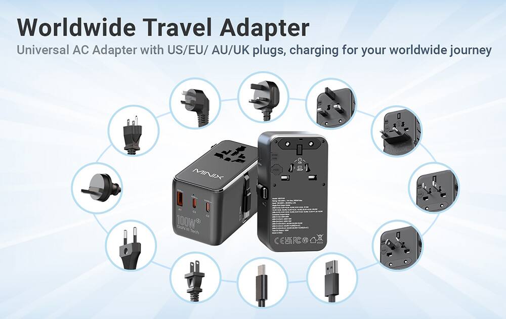 Worldwide Travel Adapter  
Universal AC Adapter with US/EU/AU/UK plugs, charging for your worldwide journey  

MINIX  
100W  
GoN - Tech CESROO