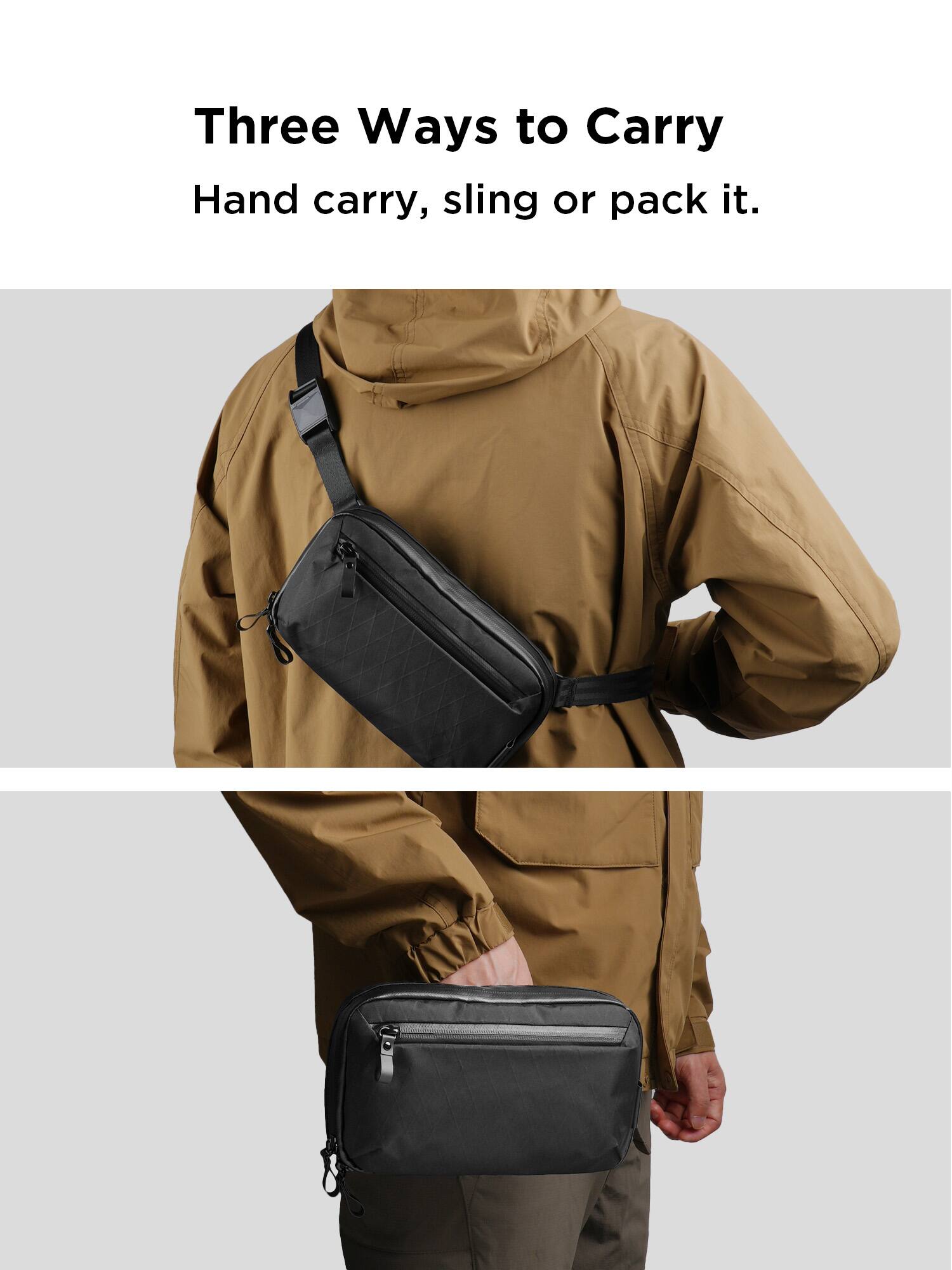 Three Ways to Carry  
Hand carry, sling or pack it.