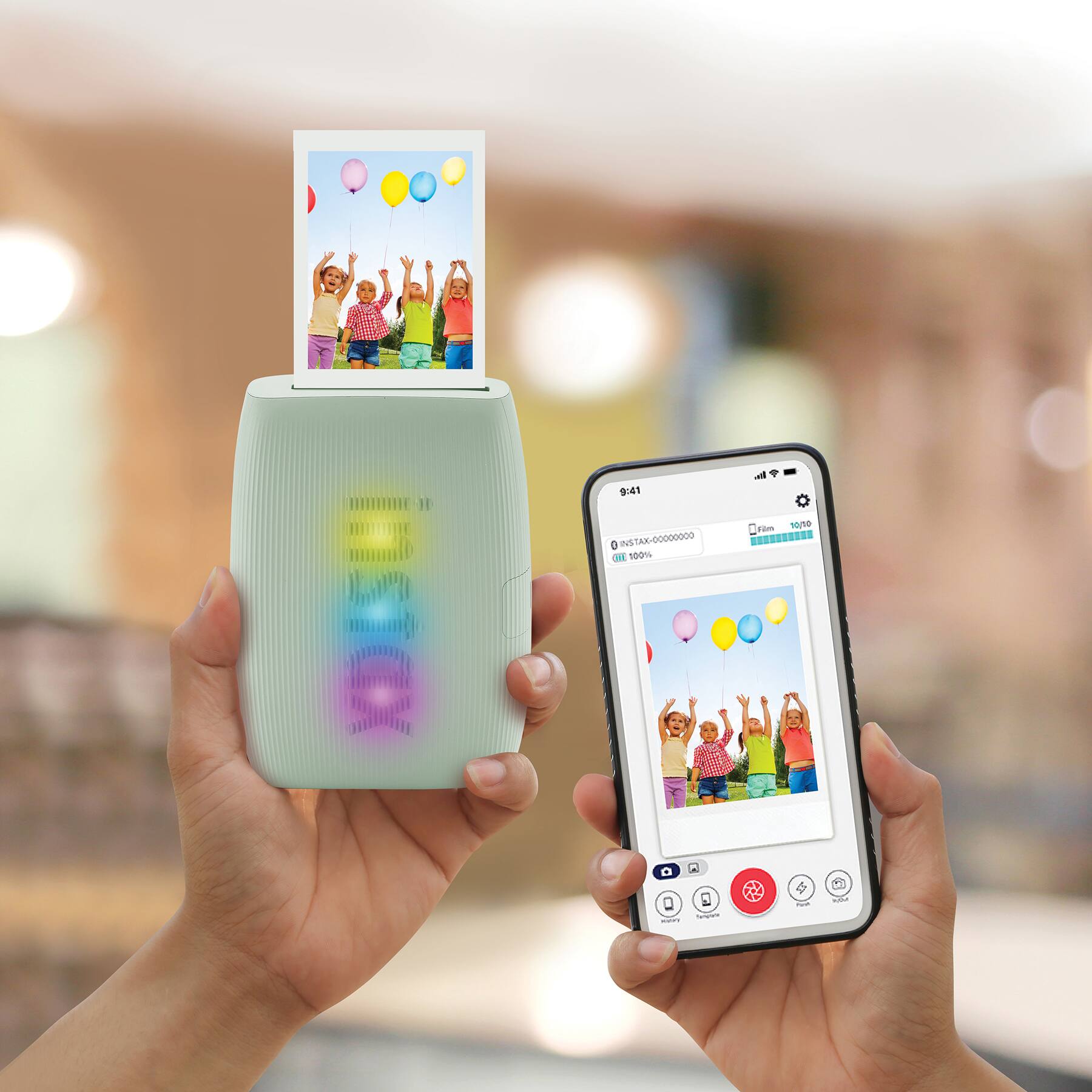 Sure, here is the corrected and grouped text from the image:

---

**Top Left:**
- mmm) : 9:41 INSTAN INSTAX-00000000 D 100% O P  Fim sone 8212118

**Top Right:**
- 9:41
- INSTAX-00000000
- 10/10

**Bottom Left:**
- 100%

**Bottom Right:**
- (Icons for settings, camera, and other functions)

---