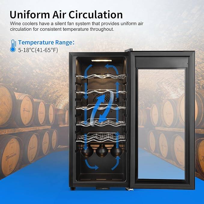Uniform Air Circulation  
Wine coolers have a silent fan system that provides uniform air circulation for consistent temperature throughout.  

Temperature Range:  
5-18°C (41-65°F)