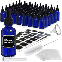 Nevlers - 1 Oz. Glass Dropper Bottles with Funnel, Brush, Shrink Wrap, Marker and Labels (Pack of 48) - Blue