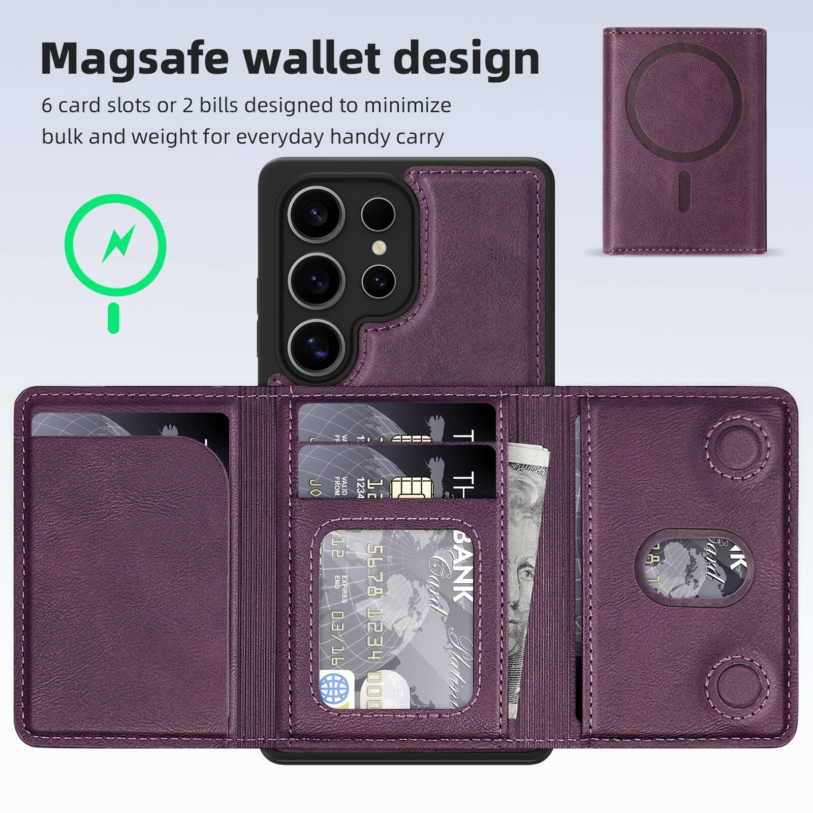 Magsafe wallet design  
6 card slots or 2 bills designed to minimize bulk and weight for everyday handy carry