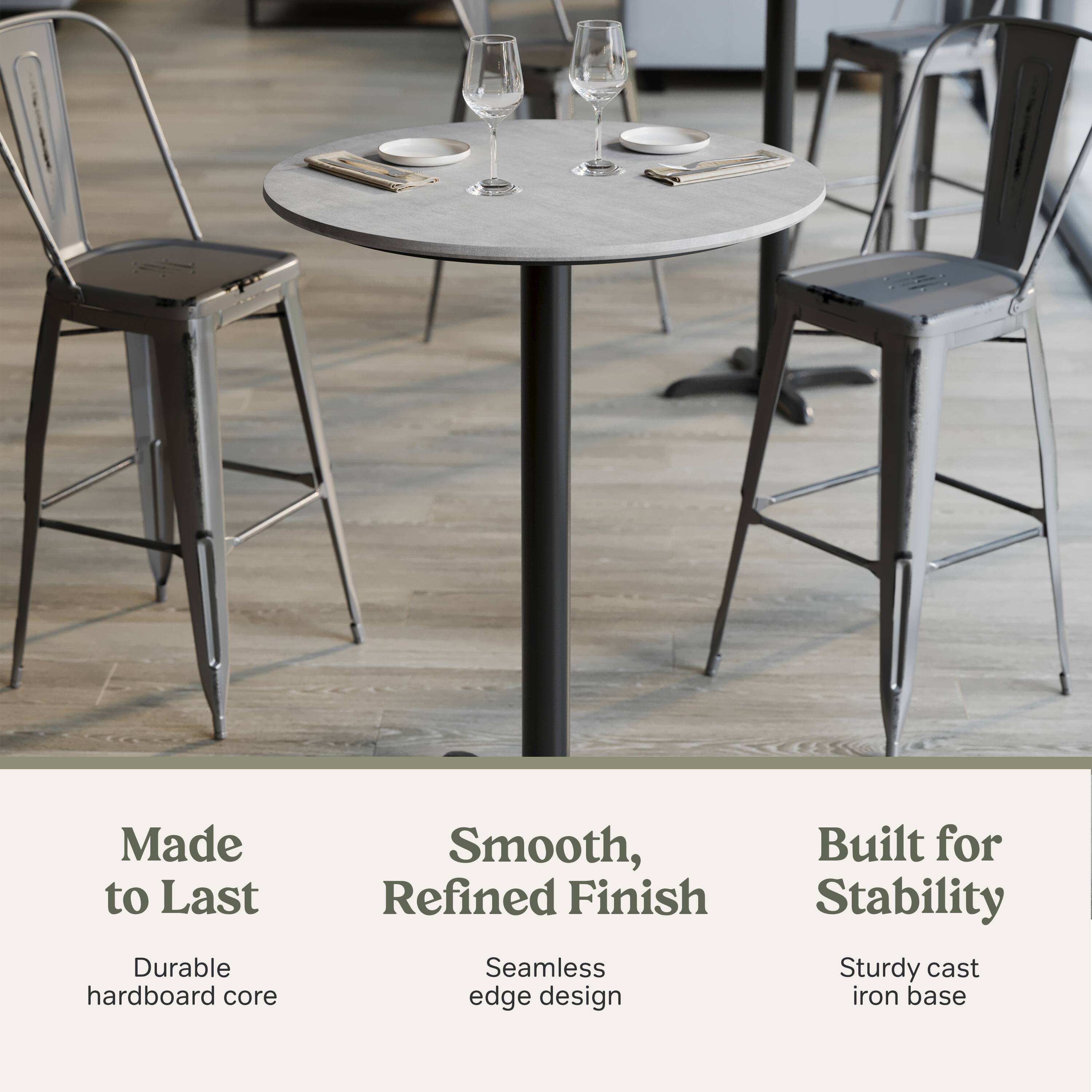 Made to Last  
Durable hardboard core  

Smooth, Refined Finish  
Seamless edge design  

Built for Stability  
Sturdy cast iron base