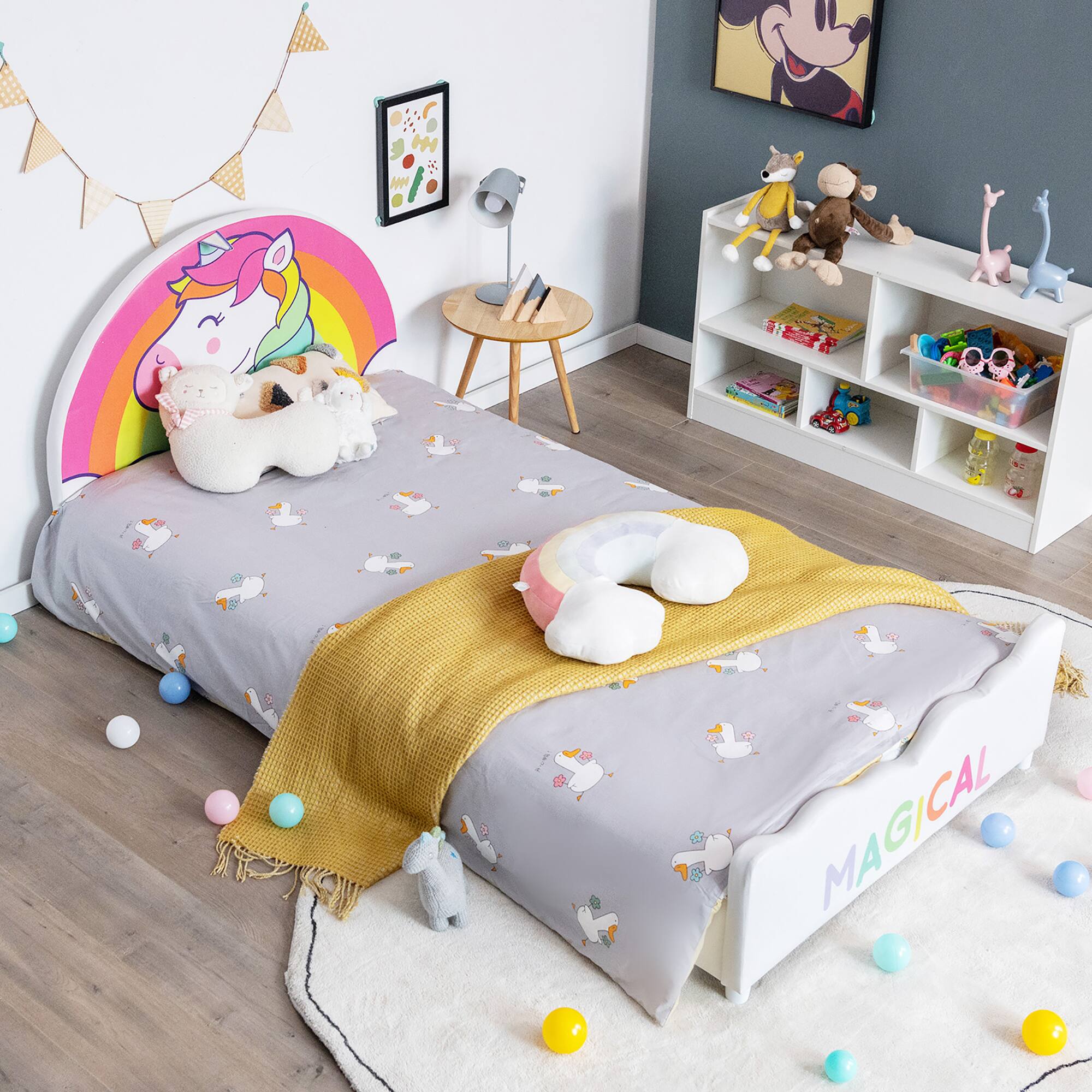 Alt View 3. Costway - Costway Kids Upholstered Platform Bed Children Twin Size Wooden Bed Unicorn Pattern - White.