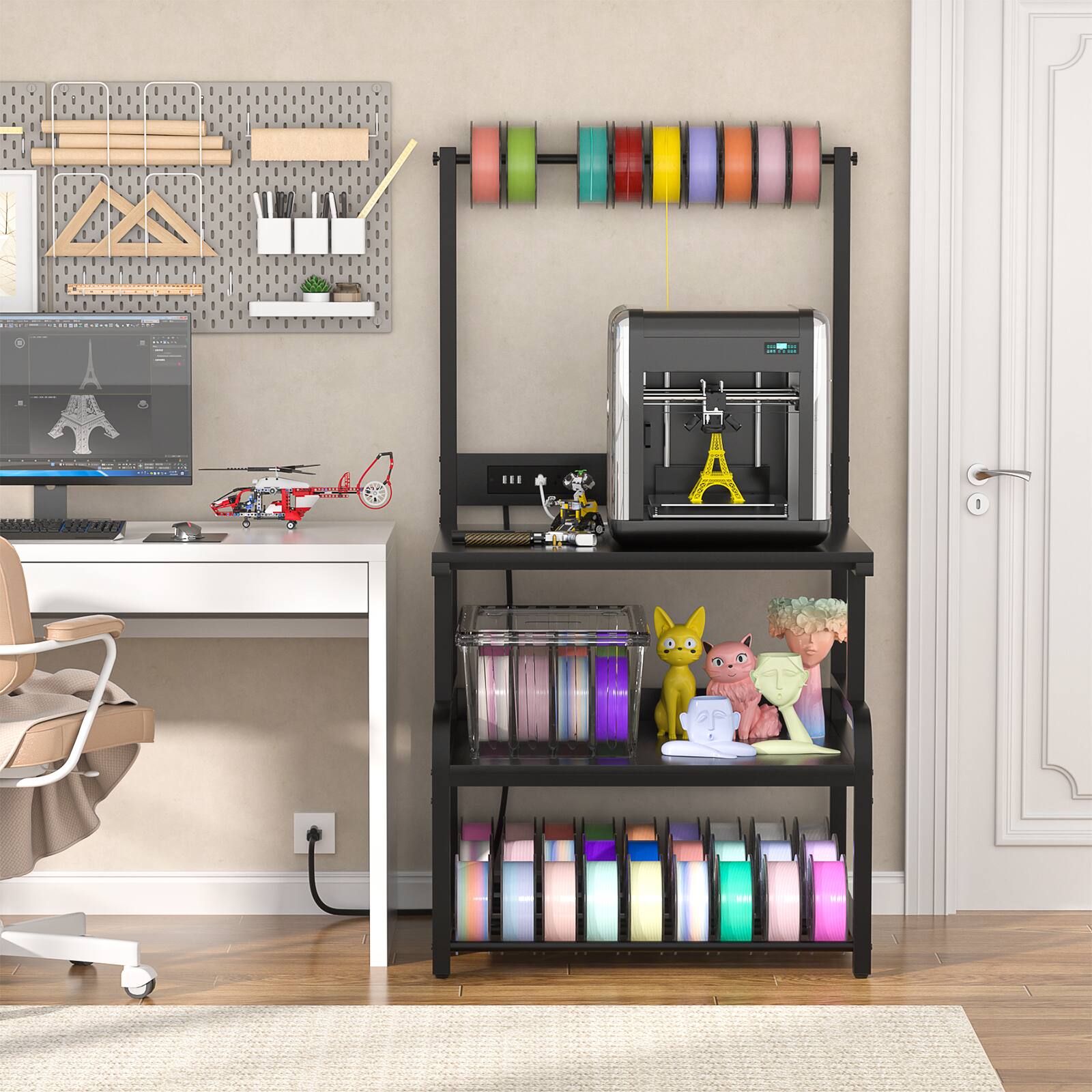 Angle. Aheaplus - 3D Printer Stand with Power Outlets, 3-Tier Rolling Printer Stand with Filament Storage - Black.