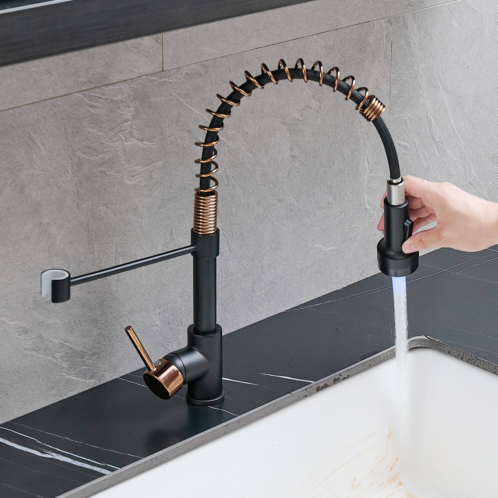Left. Boyel Living - Brass Pull Down Sprayer Kitchen Faucet with LED Temperature Sensor Light in Matte Black Rose Gold - Matte Black with Rose Gold.
