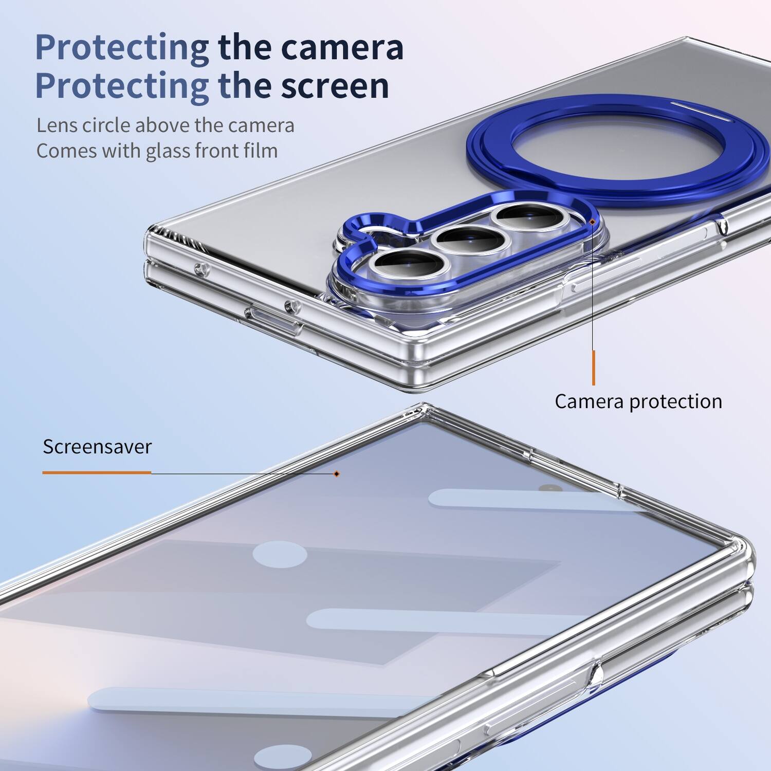 Protecting the camera  
Protecting the screen  
Lens circle above the camera  
Comes with glass front film  

Screensaver  

Camera protection