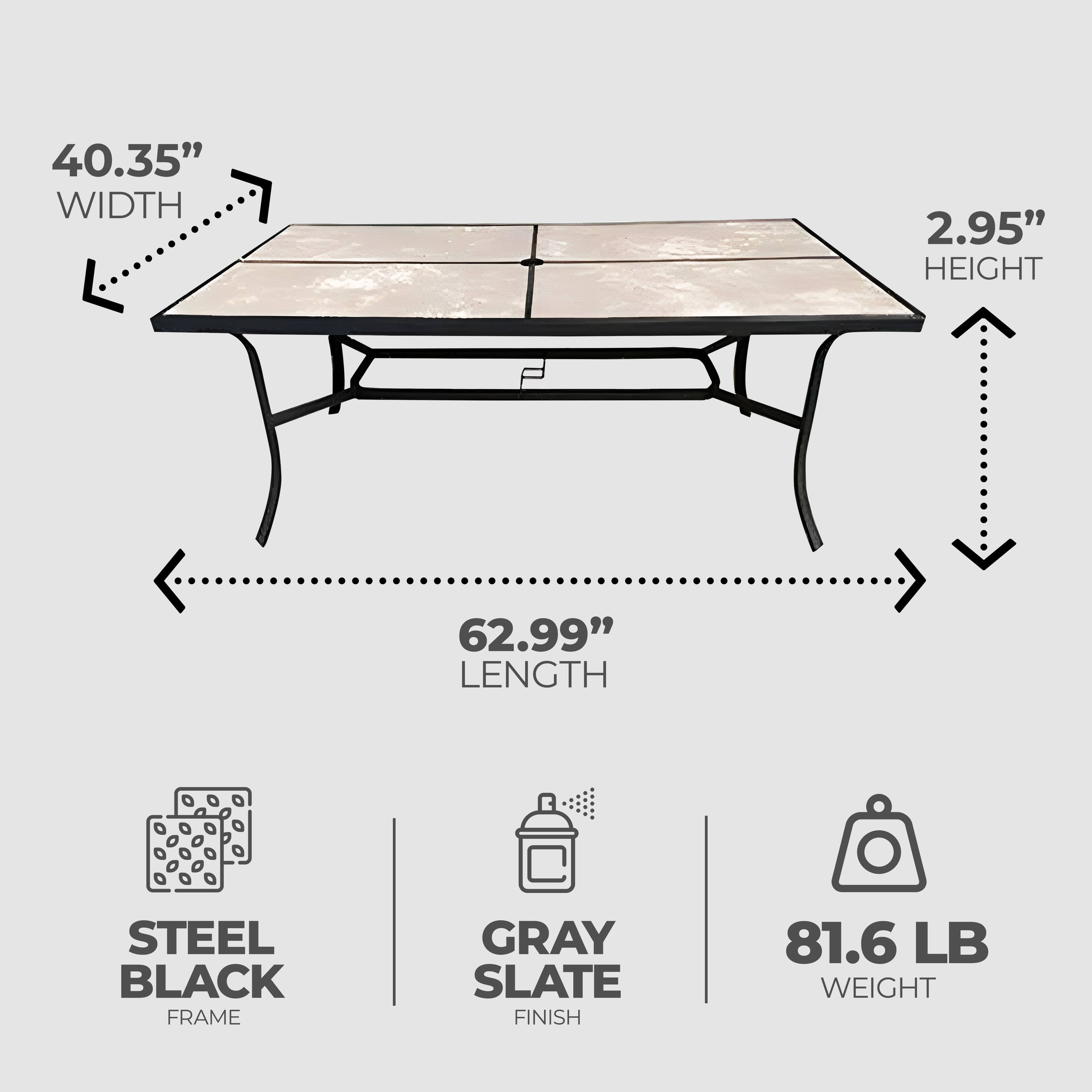 40.35" WIDTH  
2.95" HEIGHT  
62.99" LENGTH  
STEEL BLACK FRAME  
GRAY SLATE FINISH  
81.6 LB WEIGHT