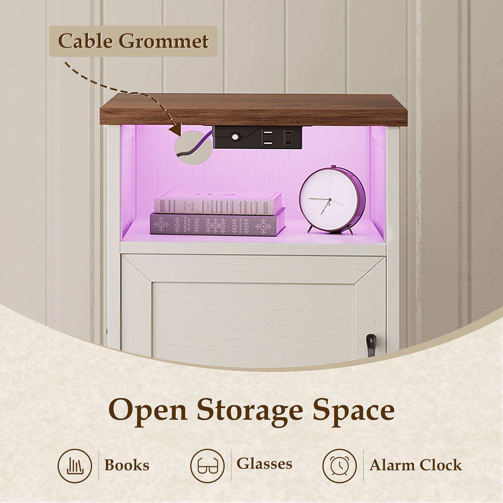 Cable Grommet  
Open Storage Space  
Books  
Glasses  
Alarm Clock