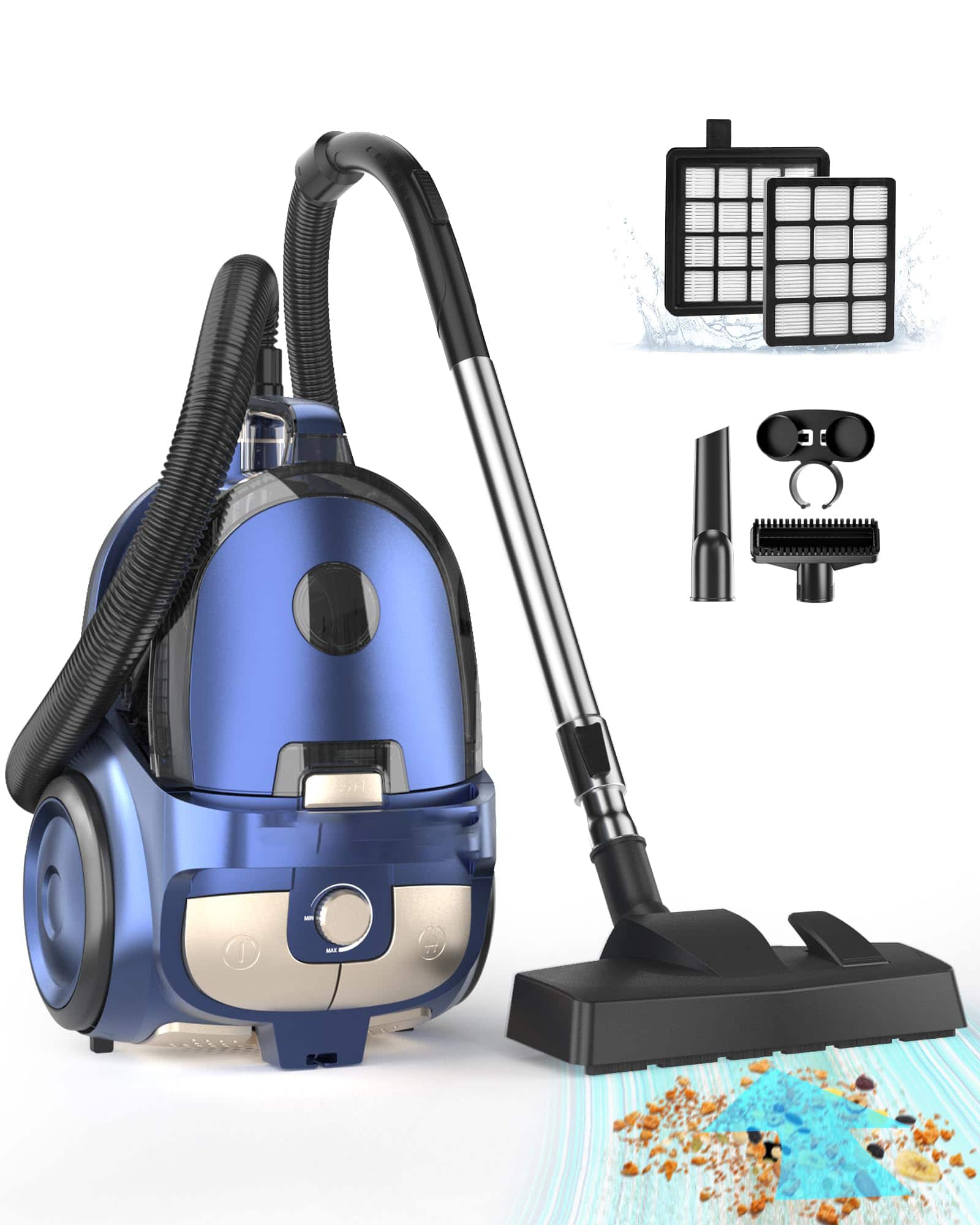 GlowWise - 1600W 25Kpa Bagless Canister Vacuum, 4.5QT Large Dust Cup for Hard Floors, Carpets, Pet Hair - Blue