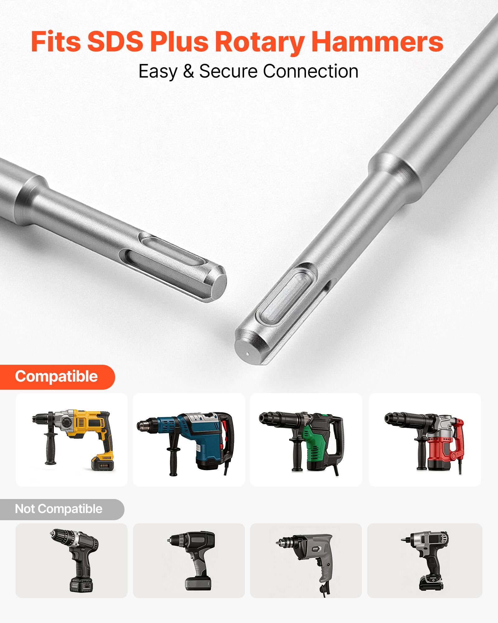 Fits SDS Plus Rotary Hammers  
Easy & Secure Connection  

Compatible  
Not Compatible