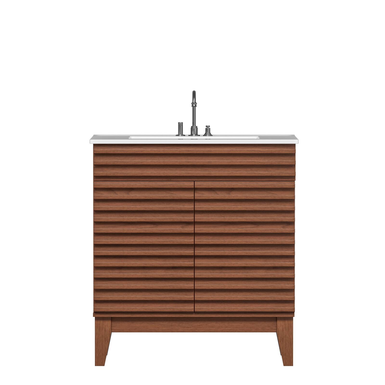 Alt View 5. LOVMOR - LOVMOR 30-in W Walnut Freestanding Bathroom Vanity with Undermount Ceramic Sink and 2-Level Storage - Walnut.