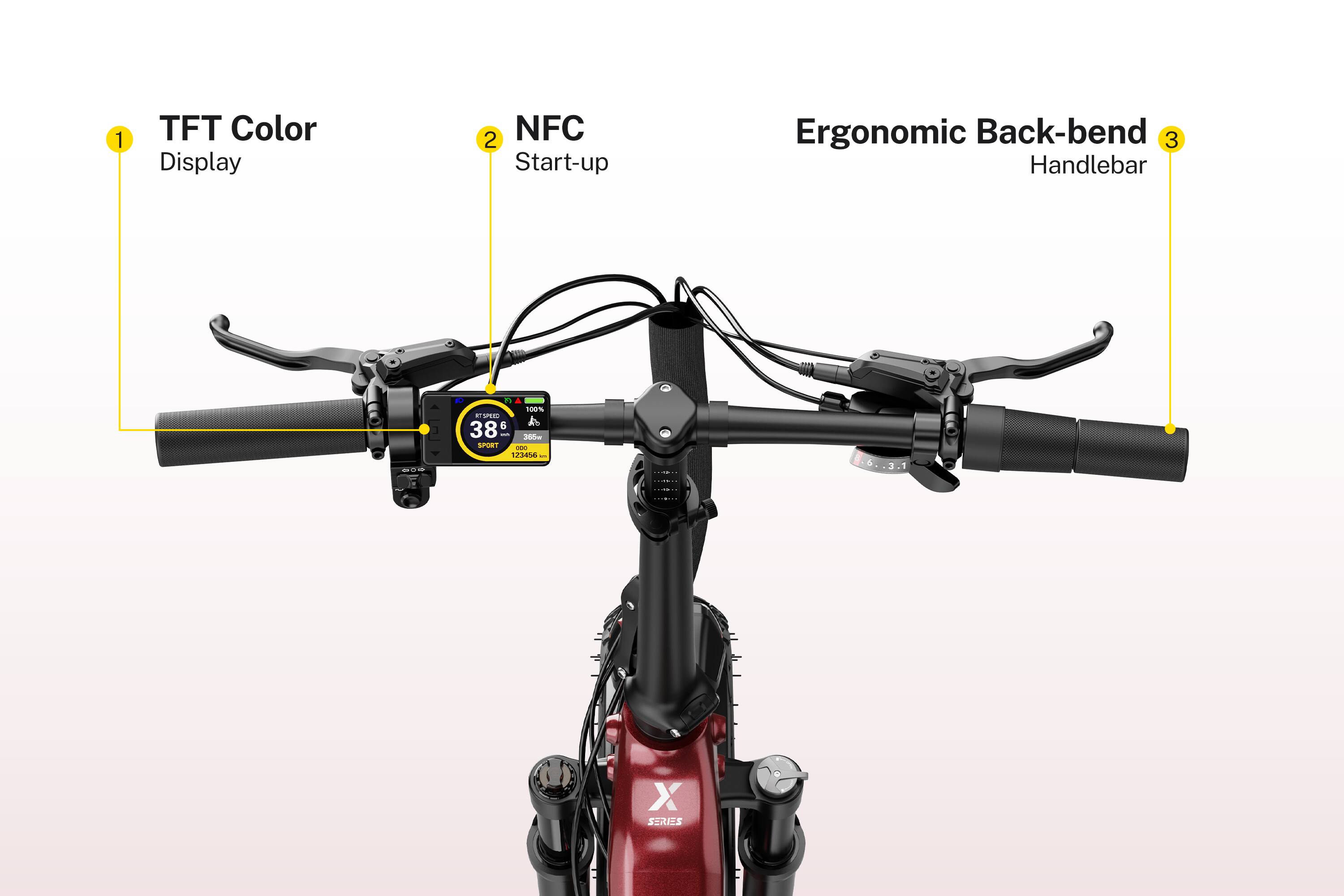 1. TFT Color Display  
2. NFC Start-up  
3. Ergonomic Back-bend Handlebar  
4. 100% RiSA  
5. 38 - 360w  
6. SORT - 123456 - - X SERIES