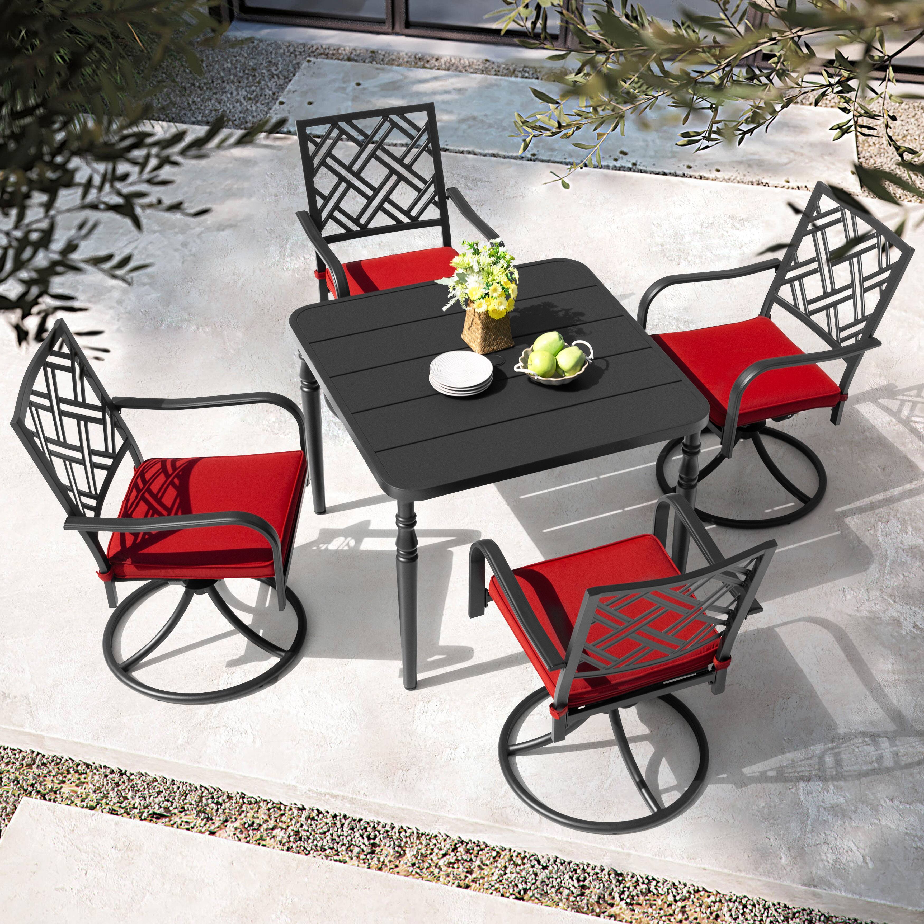 Left. Nuu Garden - 5PCS Patio Dining Set with Umbrella Hole and Swivel Chairs - Black and Red.