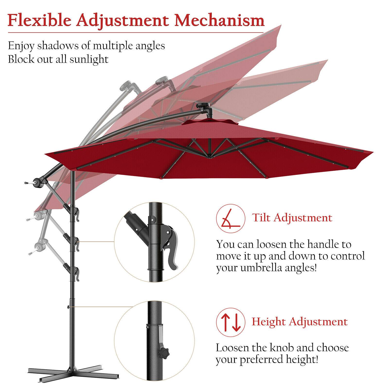 Flexible Adjustment Mechanism
Enjoy shadows of multiple angles
Block out all sunlight
Tilt Adjustment
You can loosen the handle to move it up and down to control your umbrella angles!
Height Adjustment
Loosen the knob and choose your preferred height!