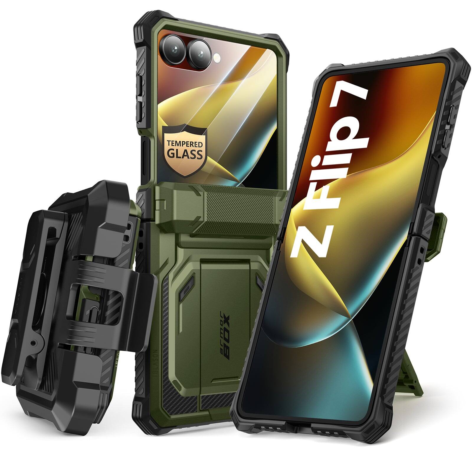 Angle. i-Blason - i-Blason Armorbox Case for Samsung Z Flip7 – Kickstand, Screen Protector, Military-Grade - Dark Green.