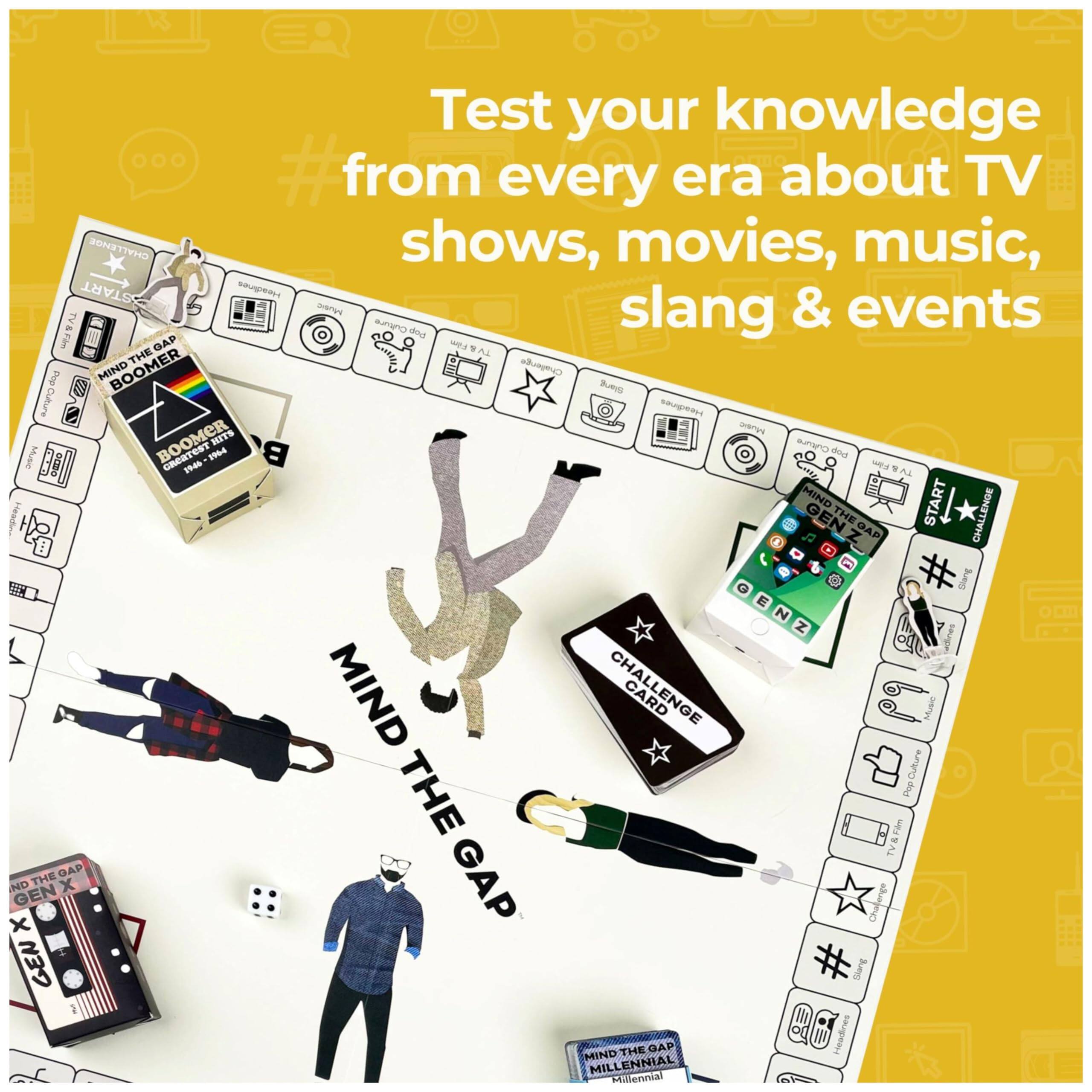 Test your knowledge from every era about TV shows, movies, music, slang & events

MIND THE GAP
MILLENNIAL GENERATION X
CHALLENGE CARD
START
CULTURE
POP
HEADLINES
MIND THE GAP
MILLENNIAL GENERATION X