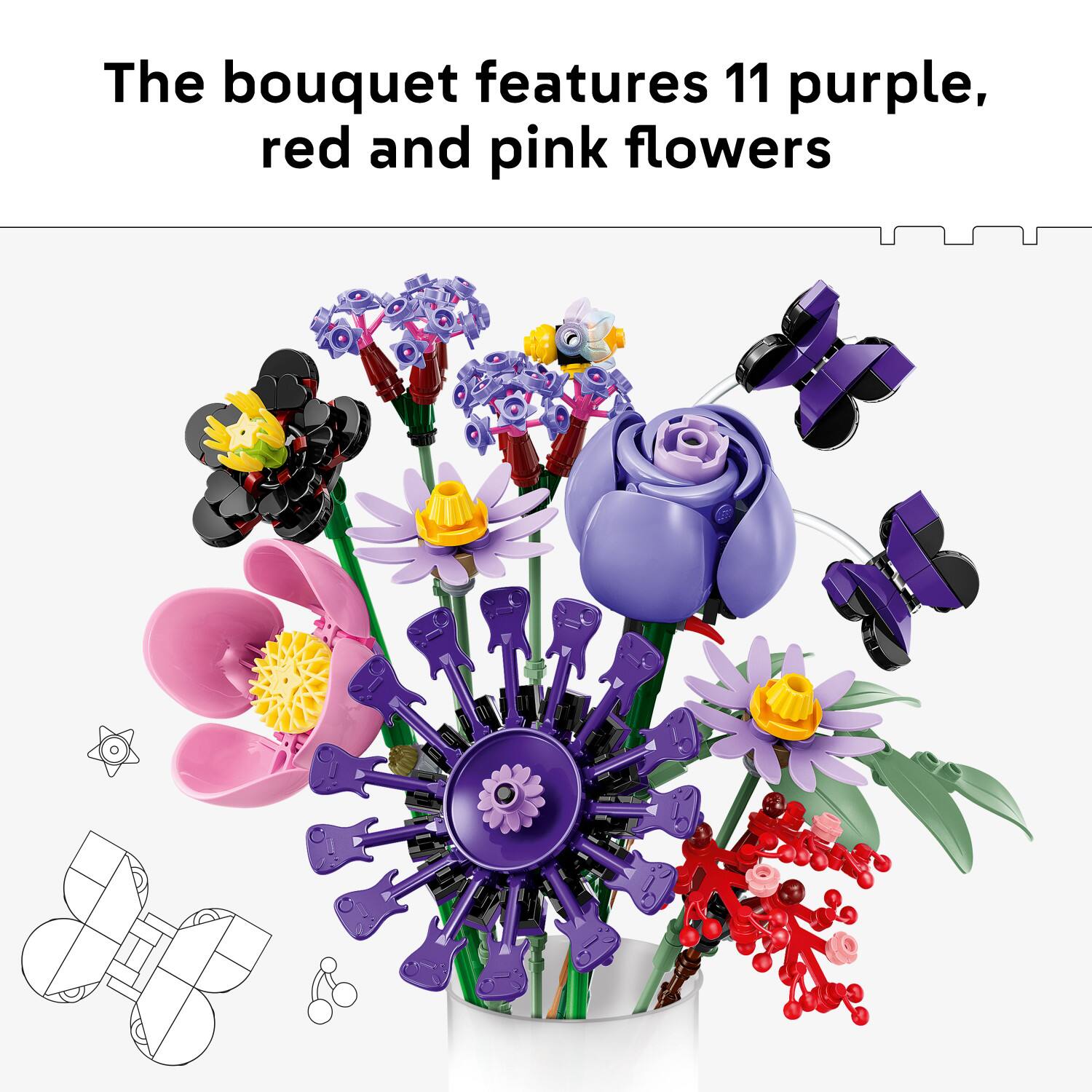The bouquet features 11 purple, red and pink flowers