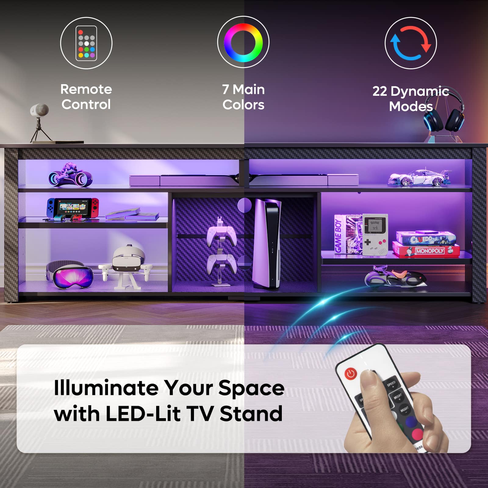 Remote Control: 7 Main Colors, 22 Dynamic Modes, Illuminate Your Space with LED-Lit TV Stand.