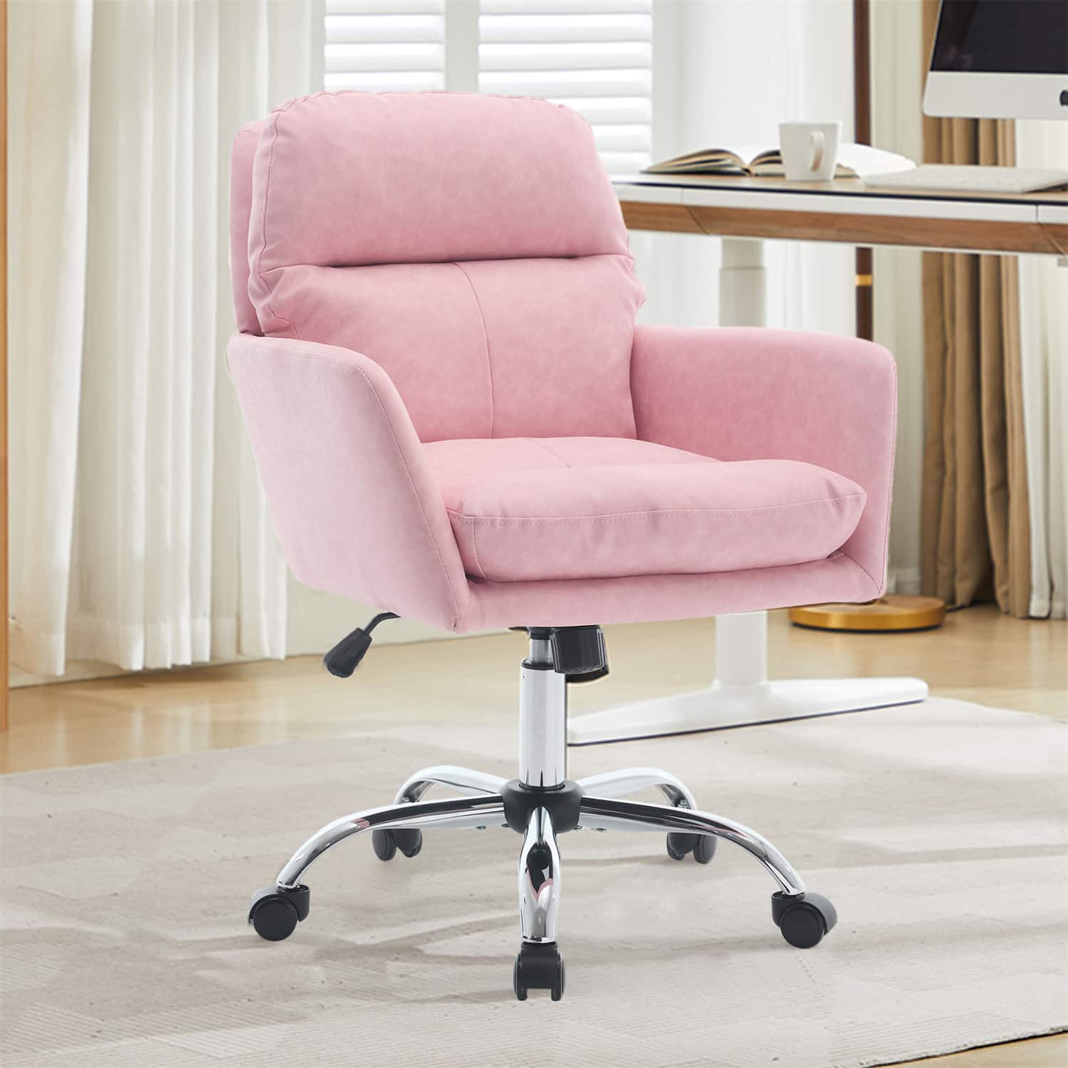 Forest'nSky - Artificial Leather Office Chair, Height-Adjustable with Black Base for Home & Office - Pink