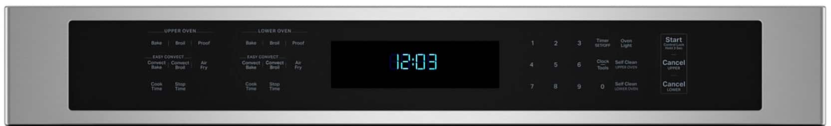 The text on the image reads:
"Upper Oven Bake Broil Proof Easy Convect Convect Conmect Air Bake Broil Fry Cook Stop Time Time 12:03 1 4 7 2 5 8 3 6 9 Timer Oven Setioff Light Clock Self Clean Tools Upper Oven Self Clean 0 Lower Oven Bake Broil Proof Easy Convect Convect Conmect Air Bake Broil Fry Cook Stop Time Time 12:03 1 4 7 2 5 8 3 6 9 Timer Oven Setioff Light Clock Self Clean Tools Lower Oven Self Clean 0"
The text has been grouped and corrected as follows:
1. Upper Oven:
- Bake Broil Proof Easy Convect Convect Conmect Air Bake Broil Fry Cook Stop Time Time
- 12:03 1 4 7 2 5 8 3 6 9 Timer Oven Setioff Light Clock Self Clean Tools
- Upper Oven Self Clean 0
2. Lower Oven:
- Bake Broil Proof Easy Convect Convect Conmect Air Bake Broil Fry Cook Stop Time Time
- 12:03 1 4 7 2 5 8 3 6 9 Timer Oven Setioff Light Clock Self Clean Tools
- Lower Oven Self Clean 0