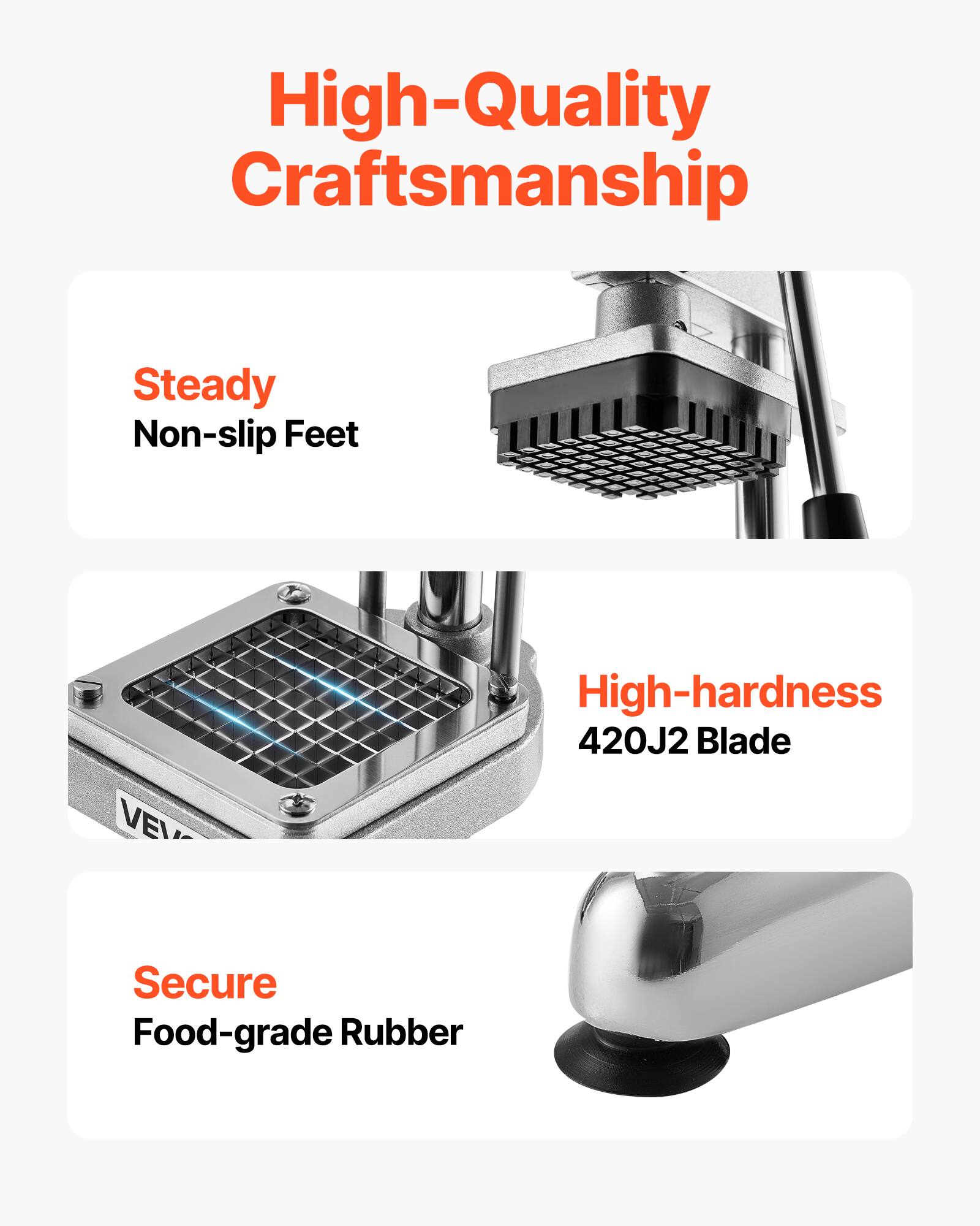 High-Quality Craftsmanship

- Steady Non-slip Feet
- High-hardness 420J2 Blade
- Secure Food-grade Rubber