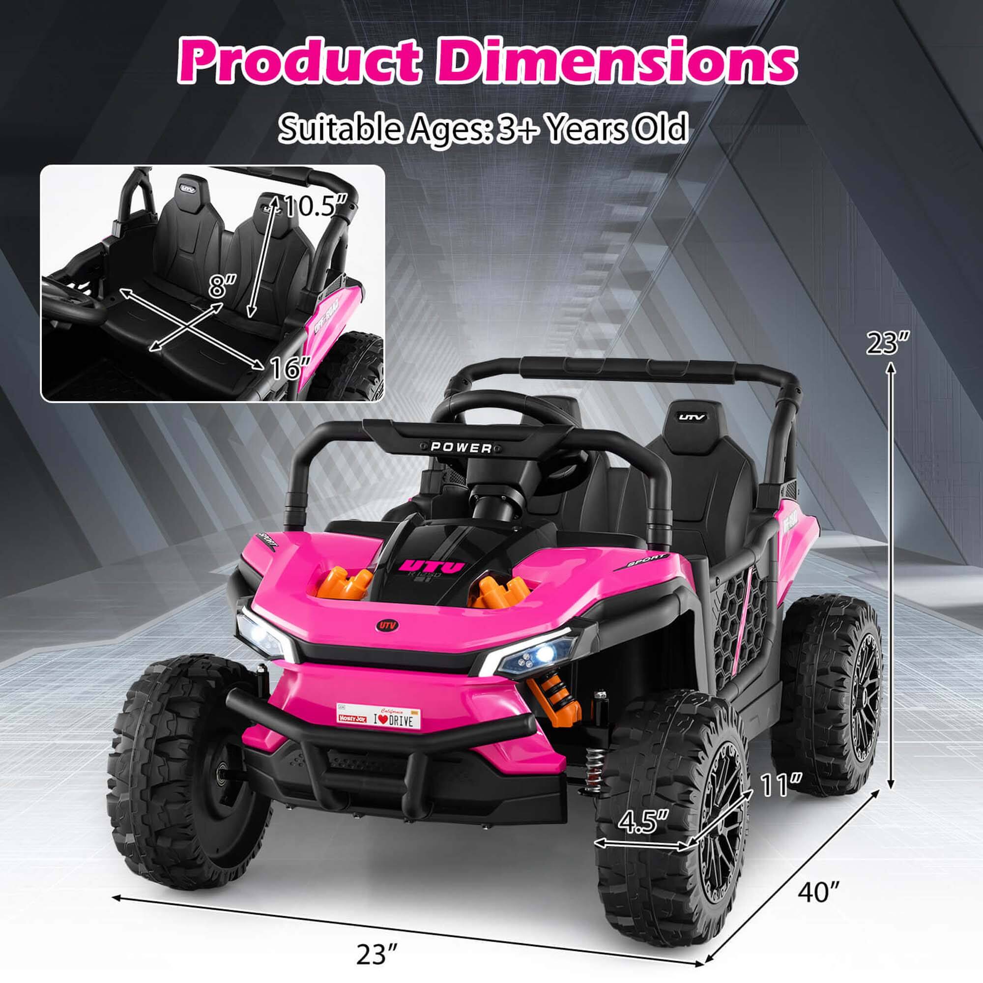 Product Dimensions  
Suitable Ages: 3+ Years Old  

- Length: 40"  
- Width: 23"  
- Height: 23"  
- Seat Height: 11"  
- Seat Width: 8"  
- Seat Depth: 16"  
- Seat Back Height: 10.5"  
- Tire Diameter: 4.5"
