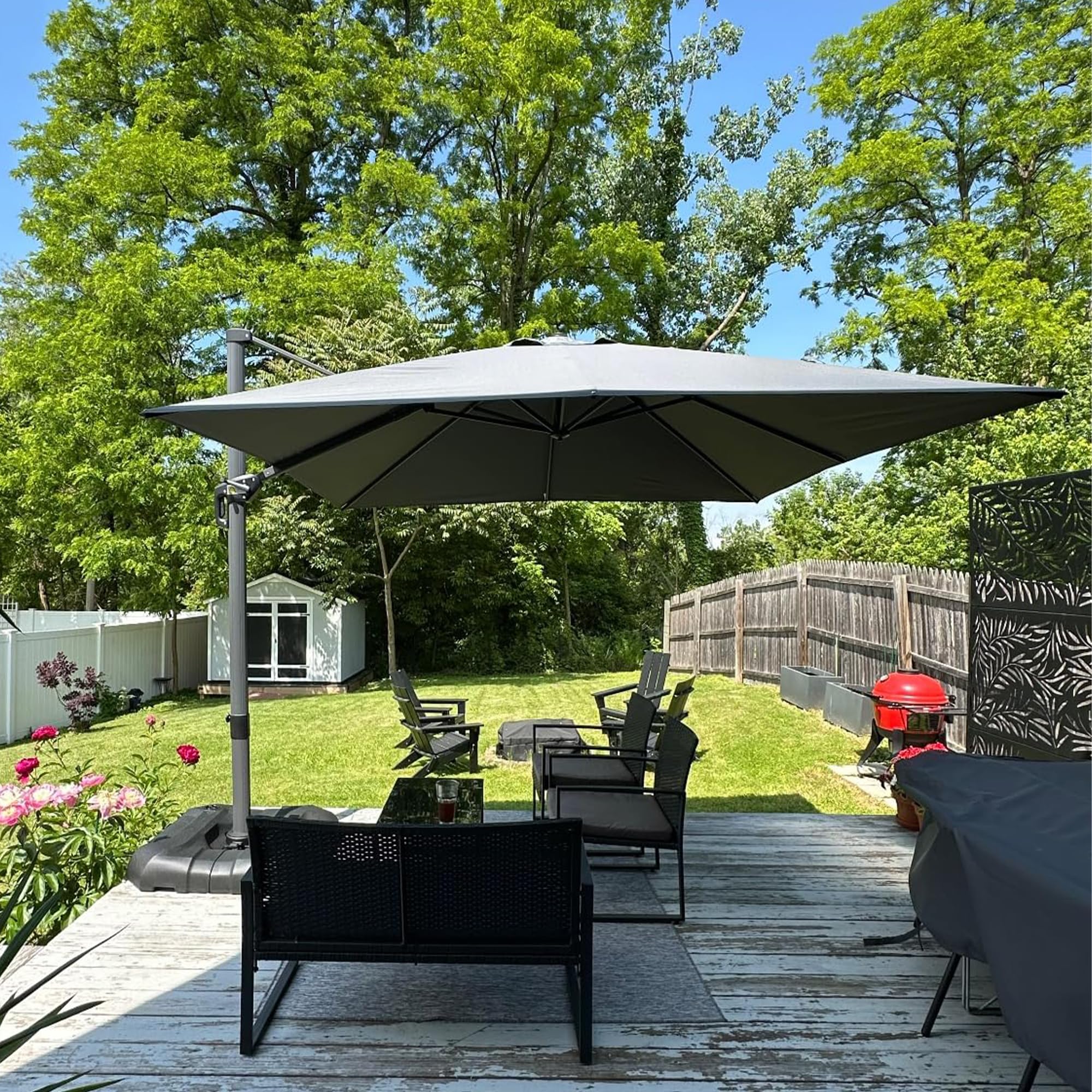 Alt View 1. PURPLE LEAF - 8 ft. Square Aluminum Outdoor Patio Cantilever Umbrella Offset 360° Rotation Umbrella with Base for Garden Deck Pool - Light Grey.