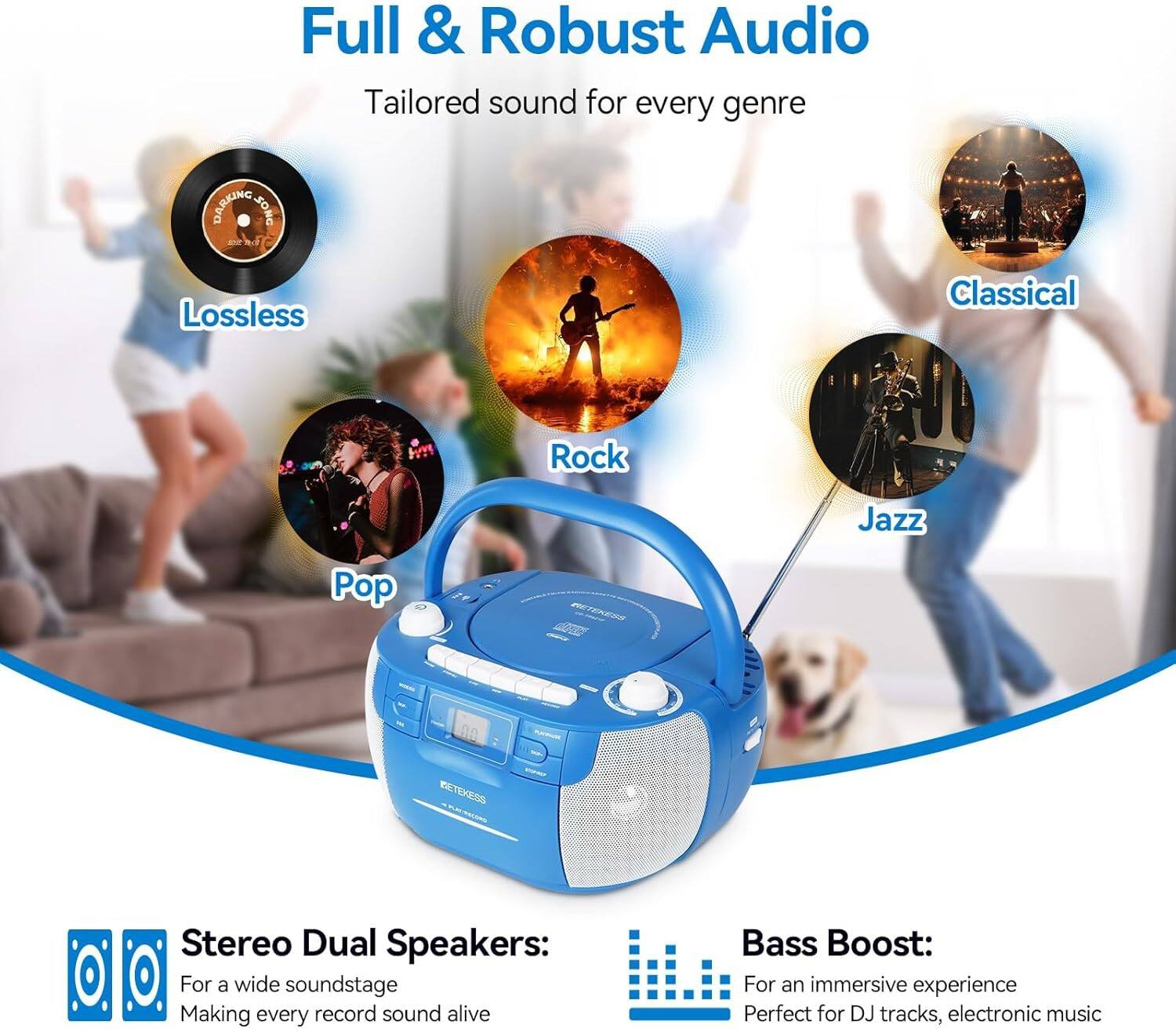 Full & Robust Audio  
Tailored sound for every genre  
DARKING SONG Sudsu Lossless Classical Rock Jazz Pop 90 Pu FETENEA  
Stereo Dual Speakers:  
For a wide soundstage  
Making every record sound alive  
Bass Boost:  
For an immersive experience  
Perfect for DJ tracks, electronic music