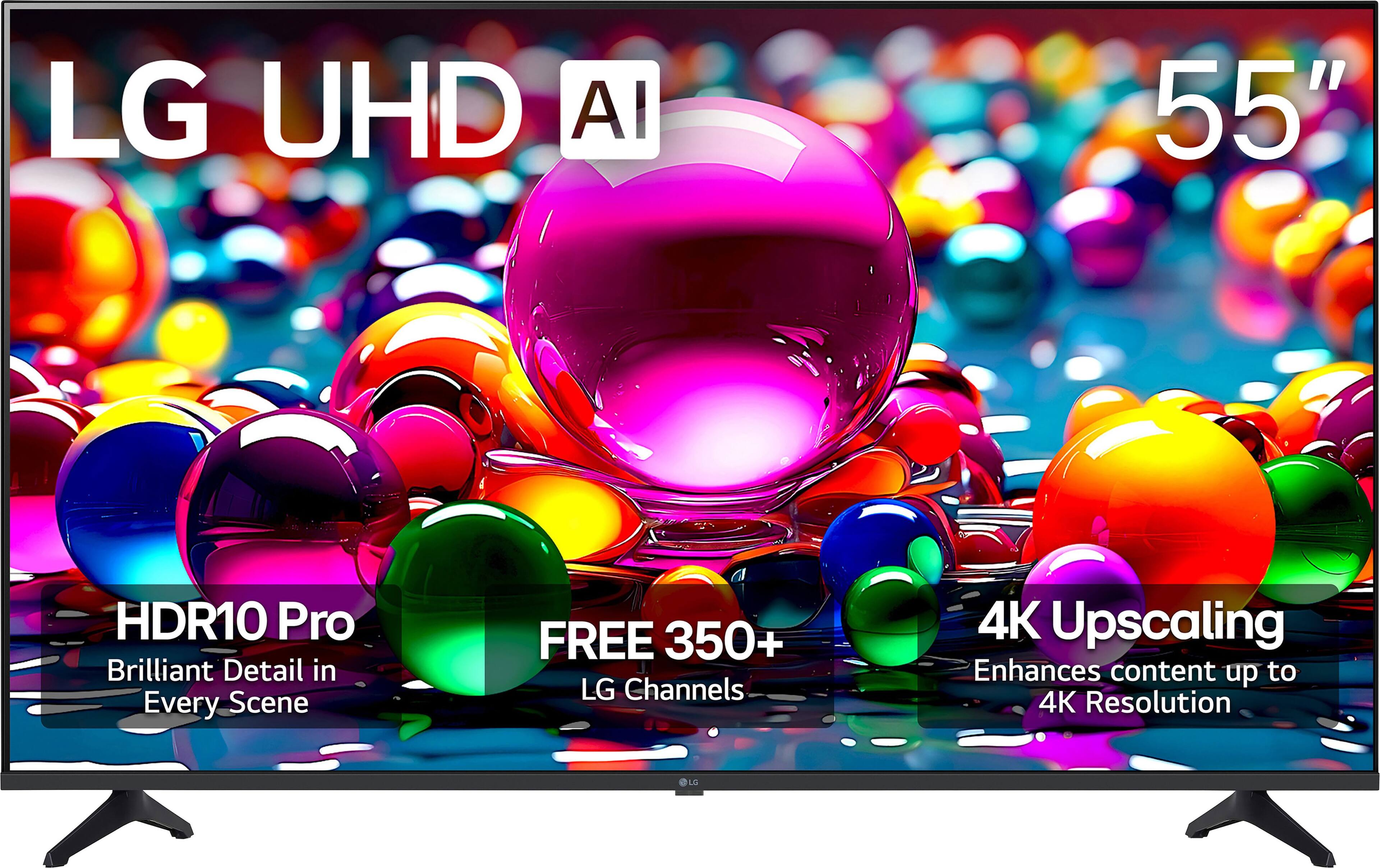 LG UHD AI 55"  
HDR10 Pro  
Brilliant Detail in Every Scene  
FREE 350+ LG Channels  
4K Upscaling  
Enhances content up to 4K Resolution