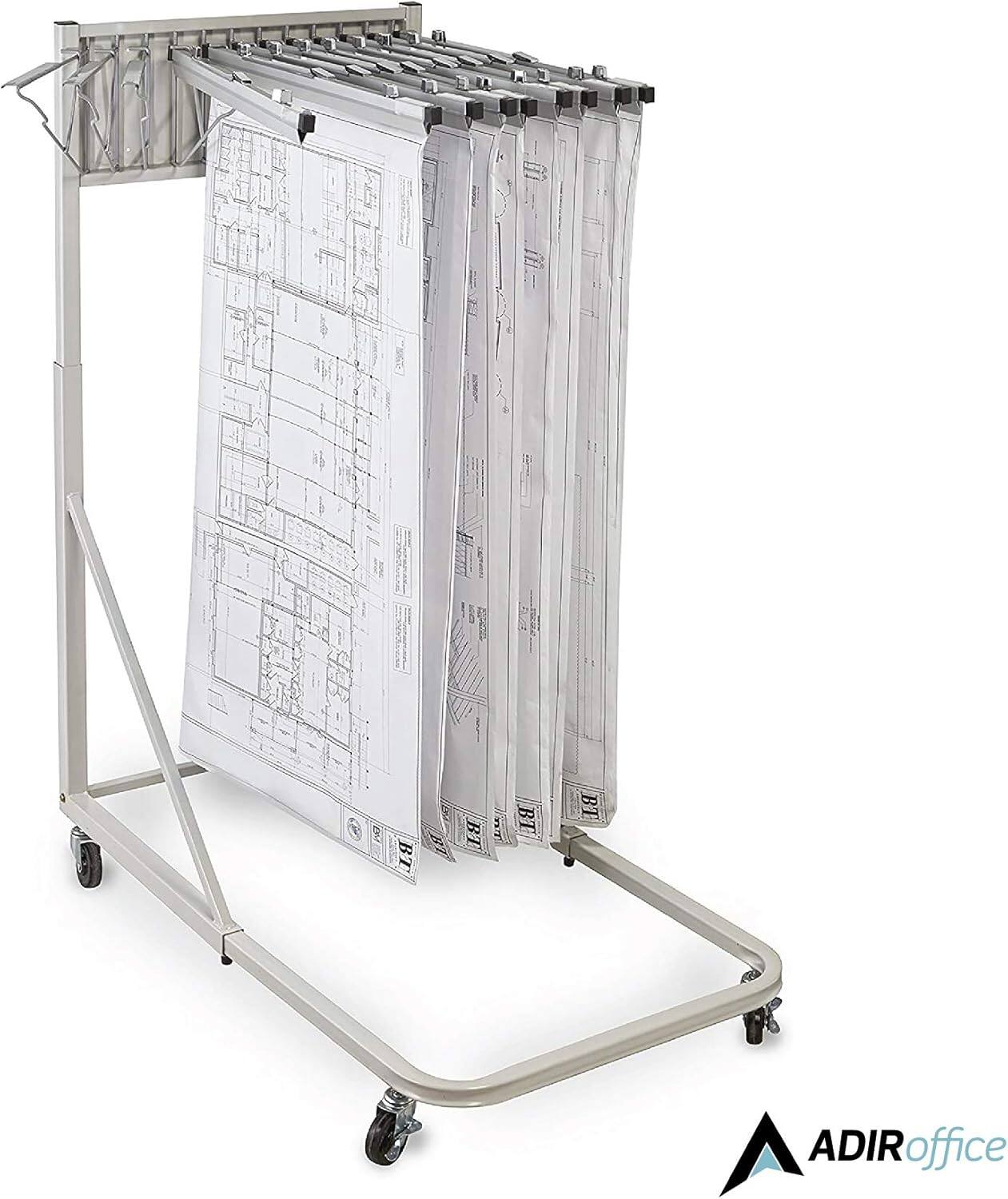Alt View 2. AdirOffice - Steel Portable Hanging File Cart Mobile Blueprint Storage Rack - Gray.