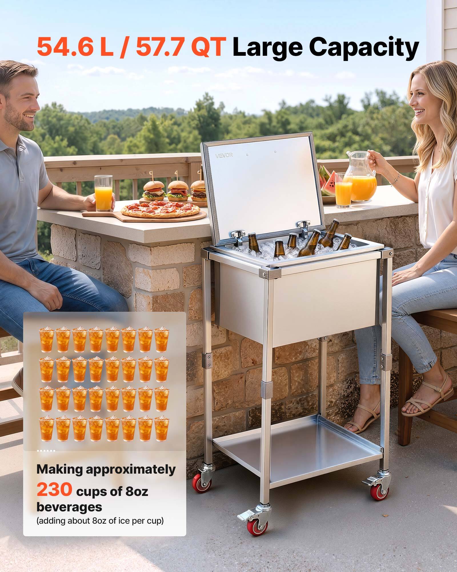 54.6 L / 57.7 QT Large Capacity

Making approximately 230 cups of 8oz beverages (adding about 8oz of ice per cup)