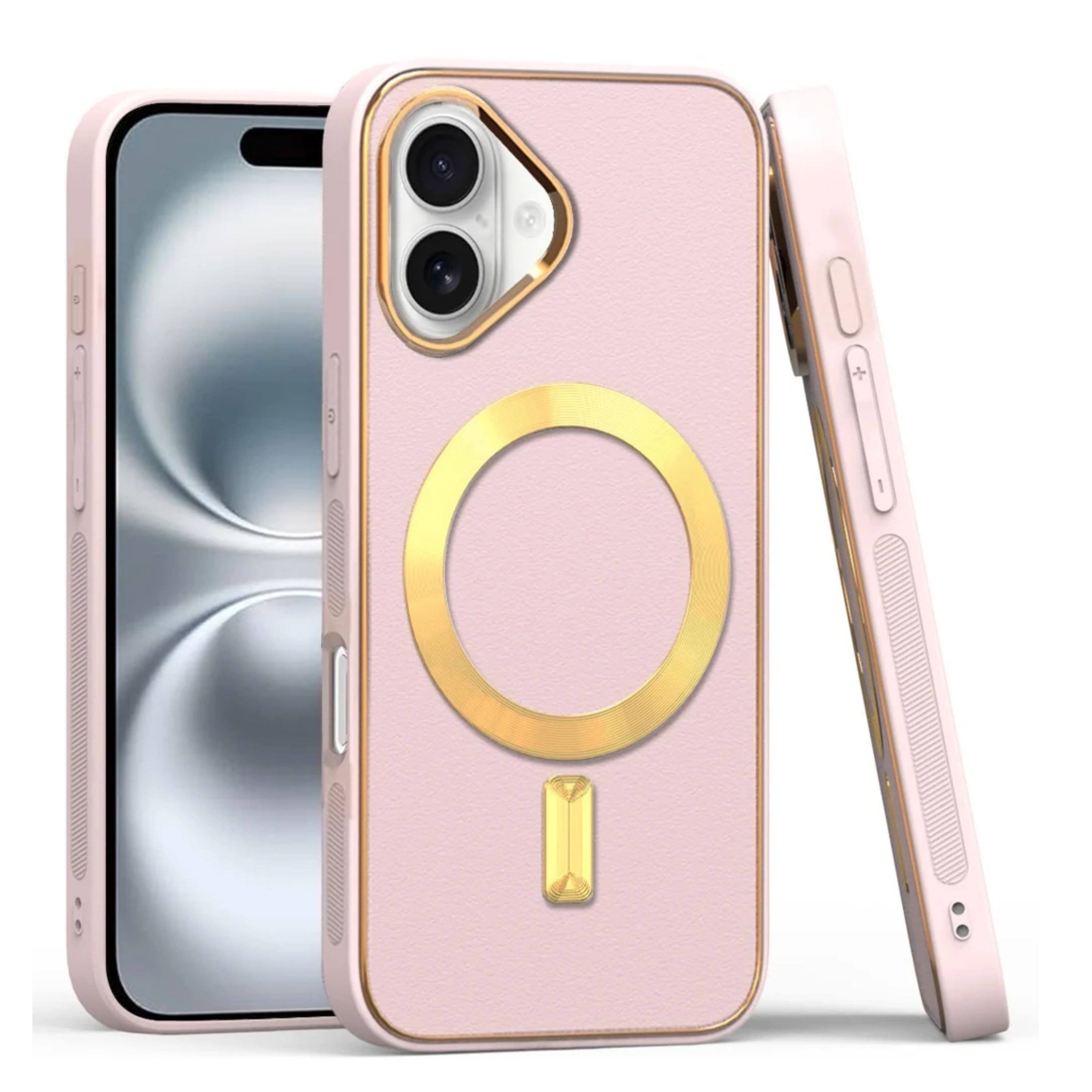 Kitcheniva - Vegan Leather Cover Magnetic Circle Phone Case With Tempered Glass For iPhone 16 - Light Pink