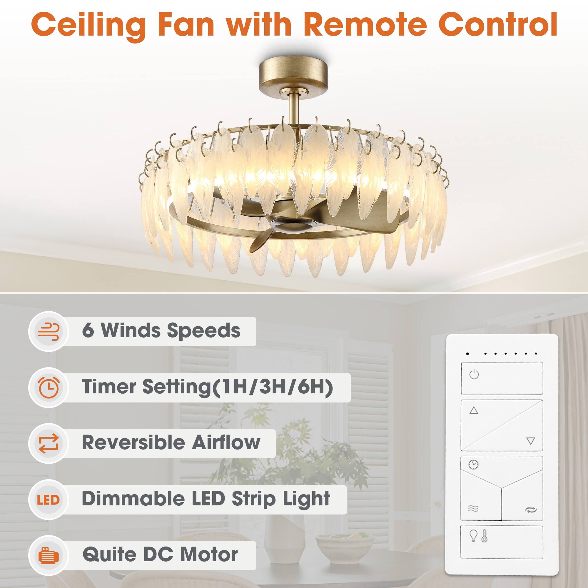 Ceiling Fan with Remote Control

- 6 Winds Speeds
- Timer Setting (1H/3H/6H)
- Reversible Airflow
- Dimmable LED Strip Light
- Quite DC Motor