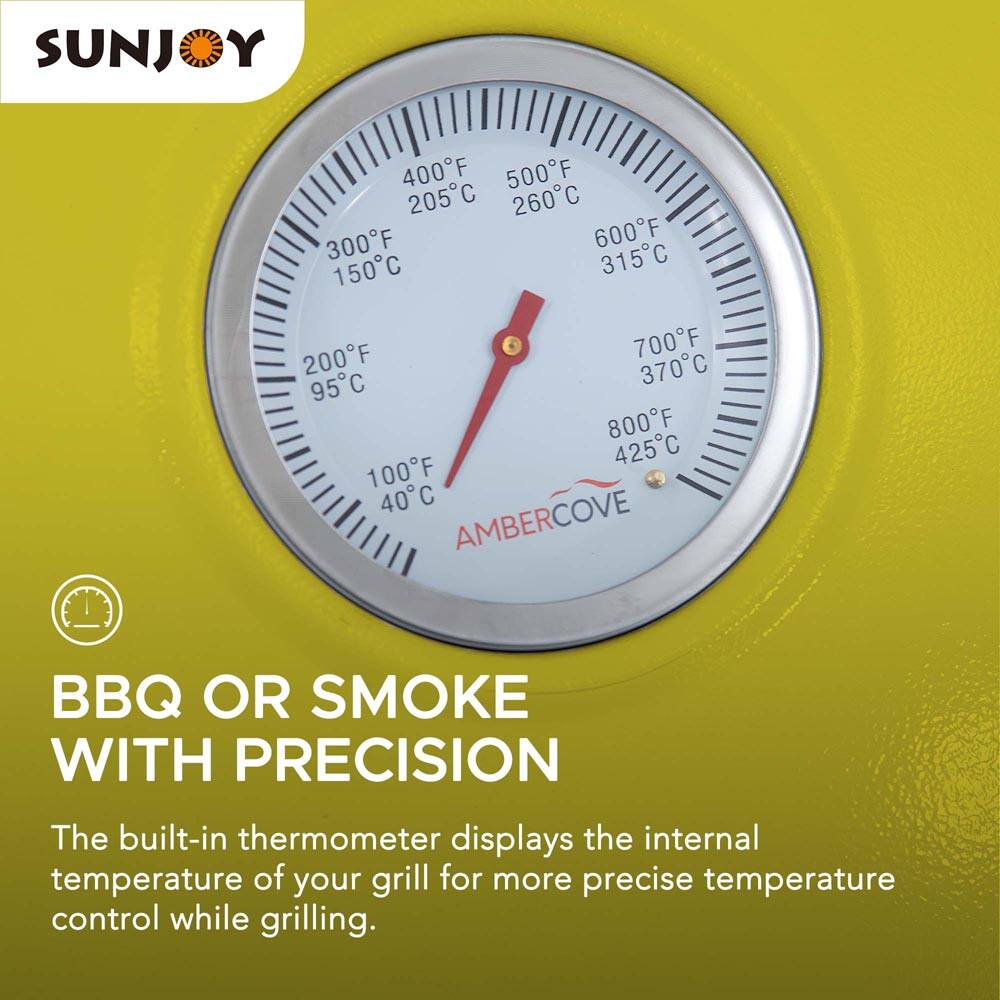 SUNJOY  
AMBERCOVE  

BBQ OR SMOKE WITH PRECISION  

The built-in thermometer displays the internal temperature of your grill for more precise temperature control while grilling.
