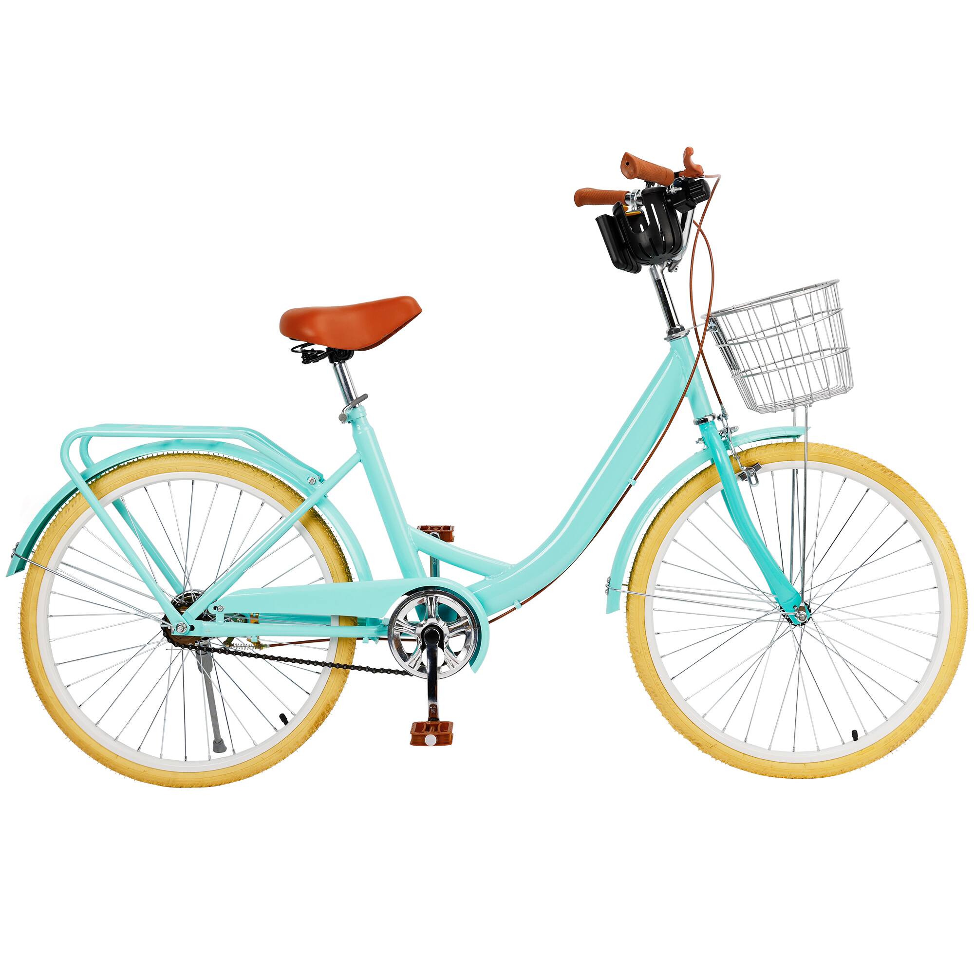 Left. Topteng - 24 Inch City Cruiser Bike For Adult with Front Basket & Rear Rack High Carbon Steel Frame, Dual Brakes Bicycle - Green.