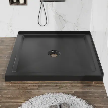 Front. JUJABU - 36"x36" Shower Base Anti-slip Acrylic Center Drain Double Threshold Shower Basin in Black - Black.