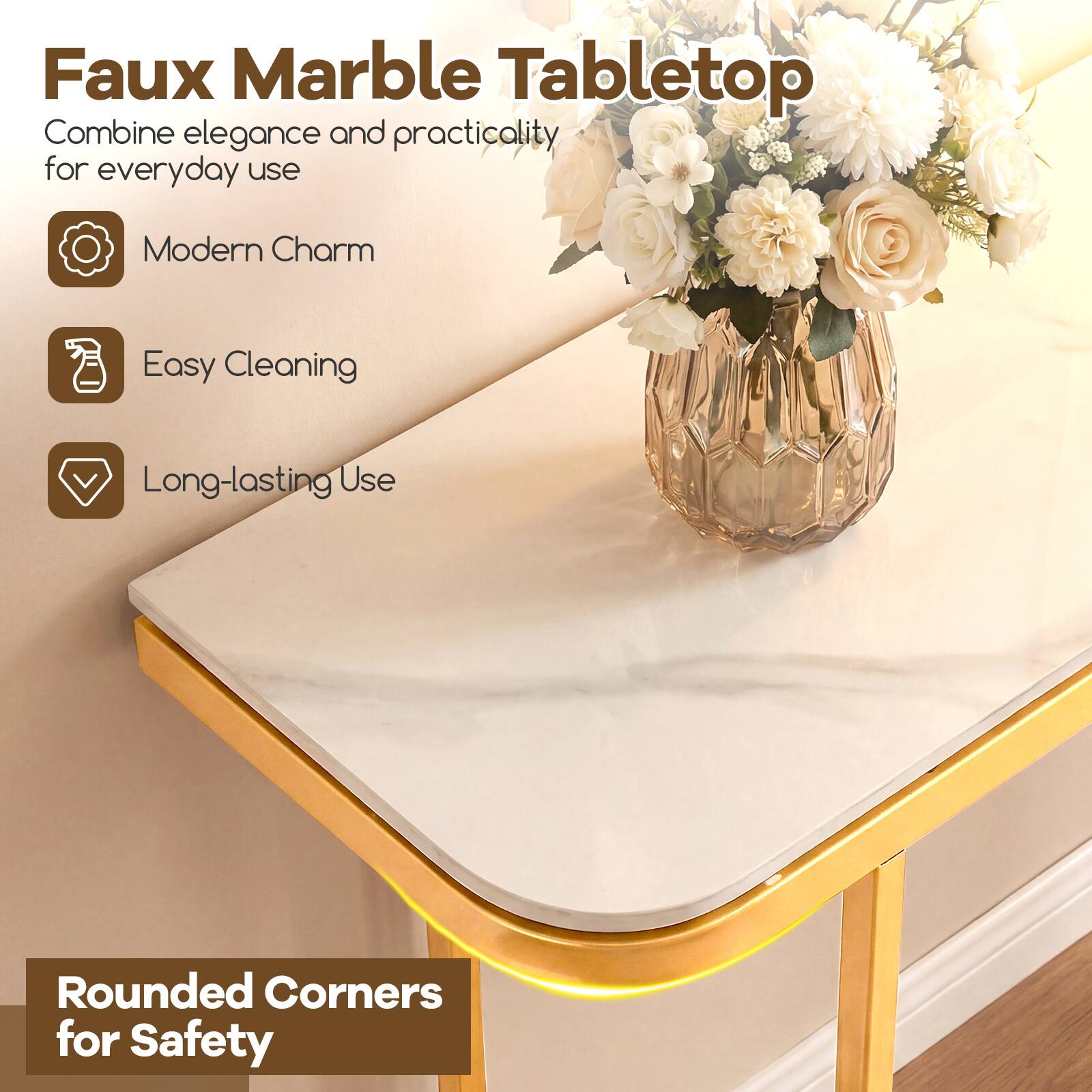 Faux Marble Tabletop

Combine elegance and practicality for everyday use

Modern Charm
Easy Cleaning
Long-lasting Use

Rounded Corners for Safety