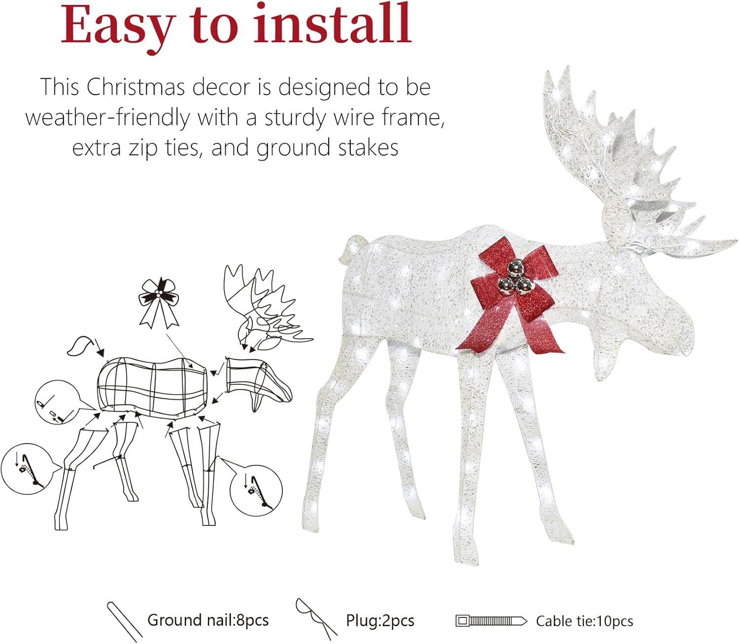 Easy to install

This Christmas decor is designed to be weather-friendly with a sturdy wire frame, extra zip ties, and ground stakes.

Ground nail: 8pcs  
Plug: 2pcs  
Cable tie: 10pcs