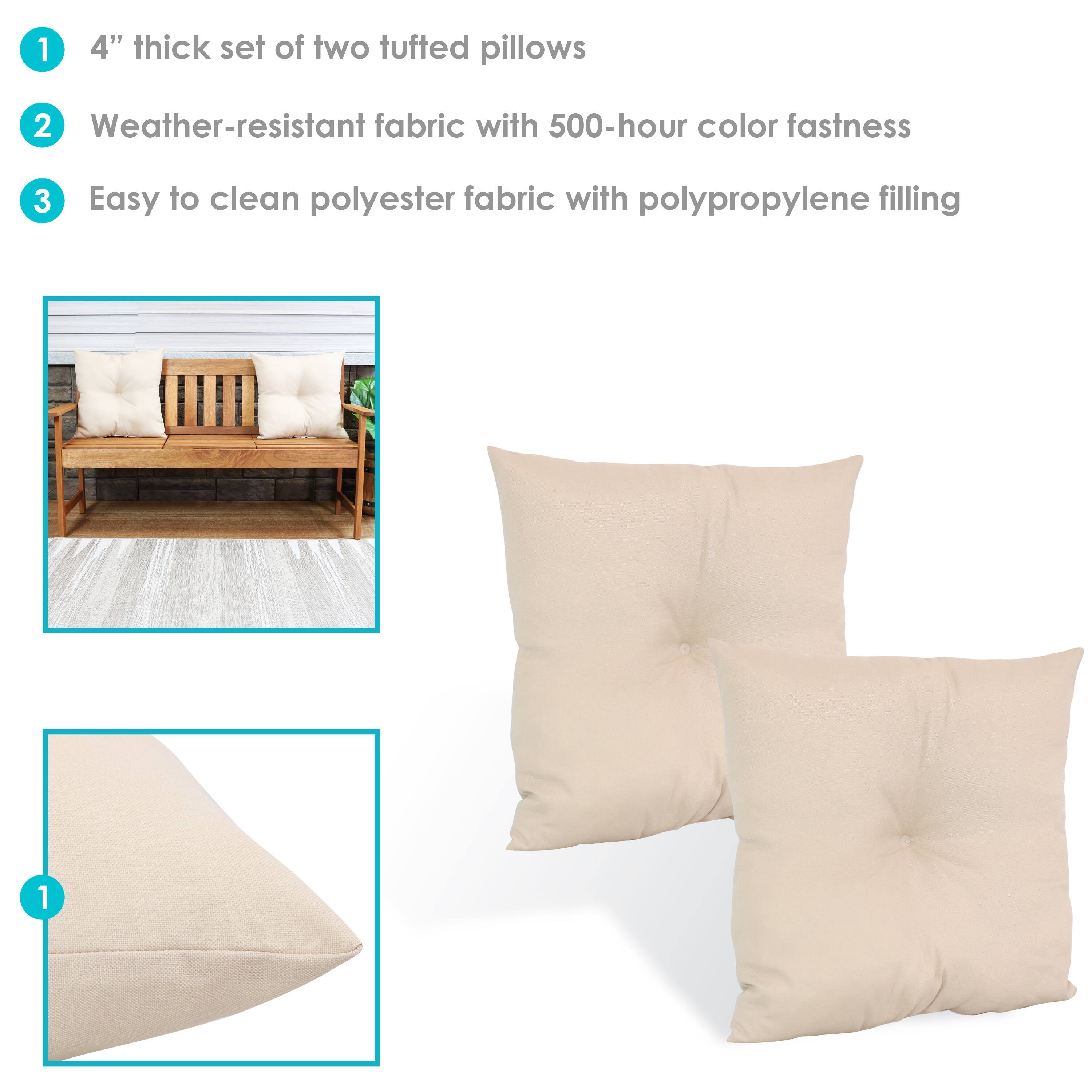 1. 4" thick set of two tufted pillows
2. Weather-resistant fabric with 500-hour color fastness
3. Easy to clean polyester fabric with polypropylene filling