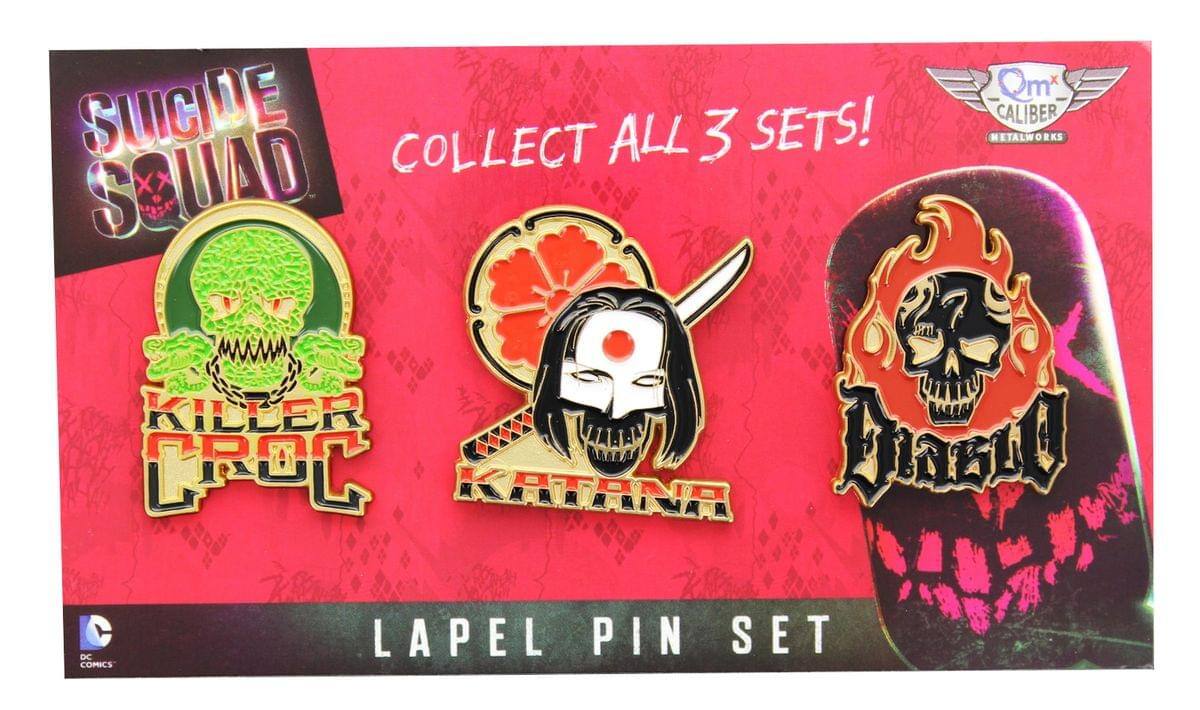 Sure, here is the corrected and grouped text from the image:

---

**Suicide Squad**

**Collect All 3 Sets!**

**Killer Croc**

**Katana**

**Deadshot**

**Lapel Pin Set**

**Qm Caliber Metalworks**

**DC Comics**