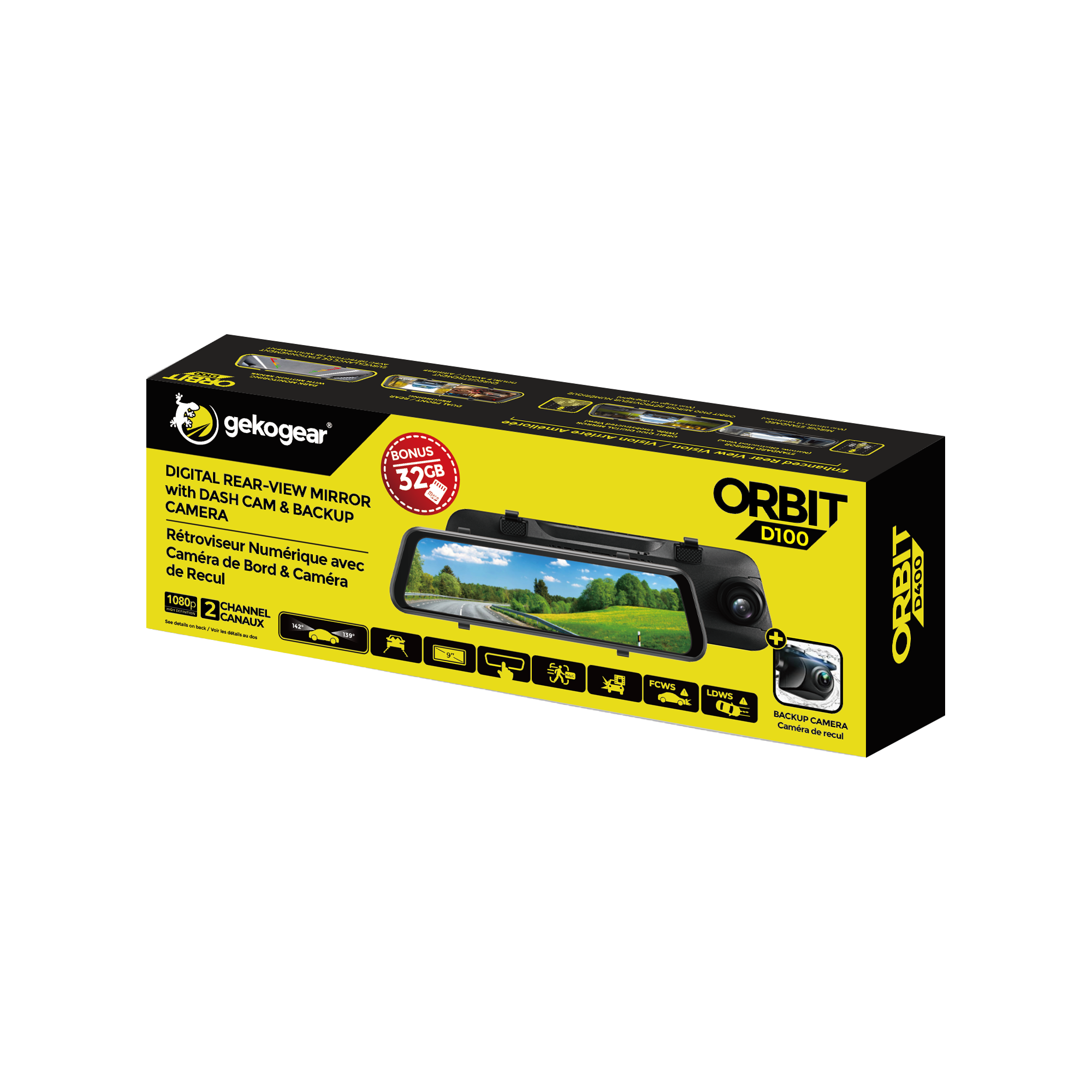 gekogear  
ORBIT D100  

DIGITAL REAR-VIEW MIRROR with DASH CAM & BACKUP CAMERA  
Rétroviseur Numérique avec Caméra de Bord & Caméra de Recul  

BONUS 32GB  

1080P 2 CHANNEL CANAUX  

FCWS  
LWS  

BACKUP CAMERA  
Caméra de Recul  

LOW S